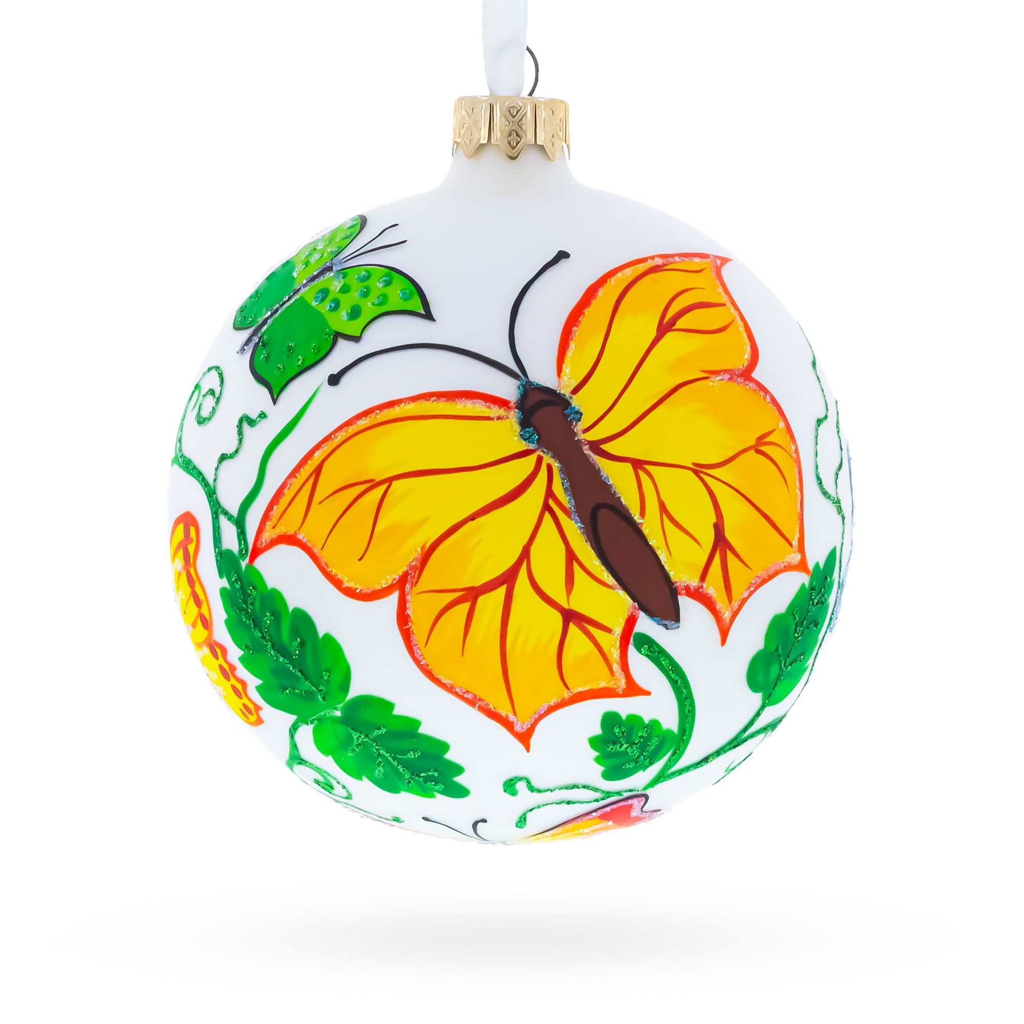 Delicate Butterflies on Glass Ball Christmas Ornament 4 Inches