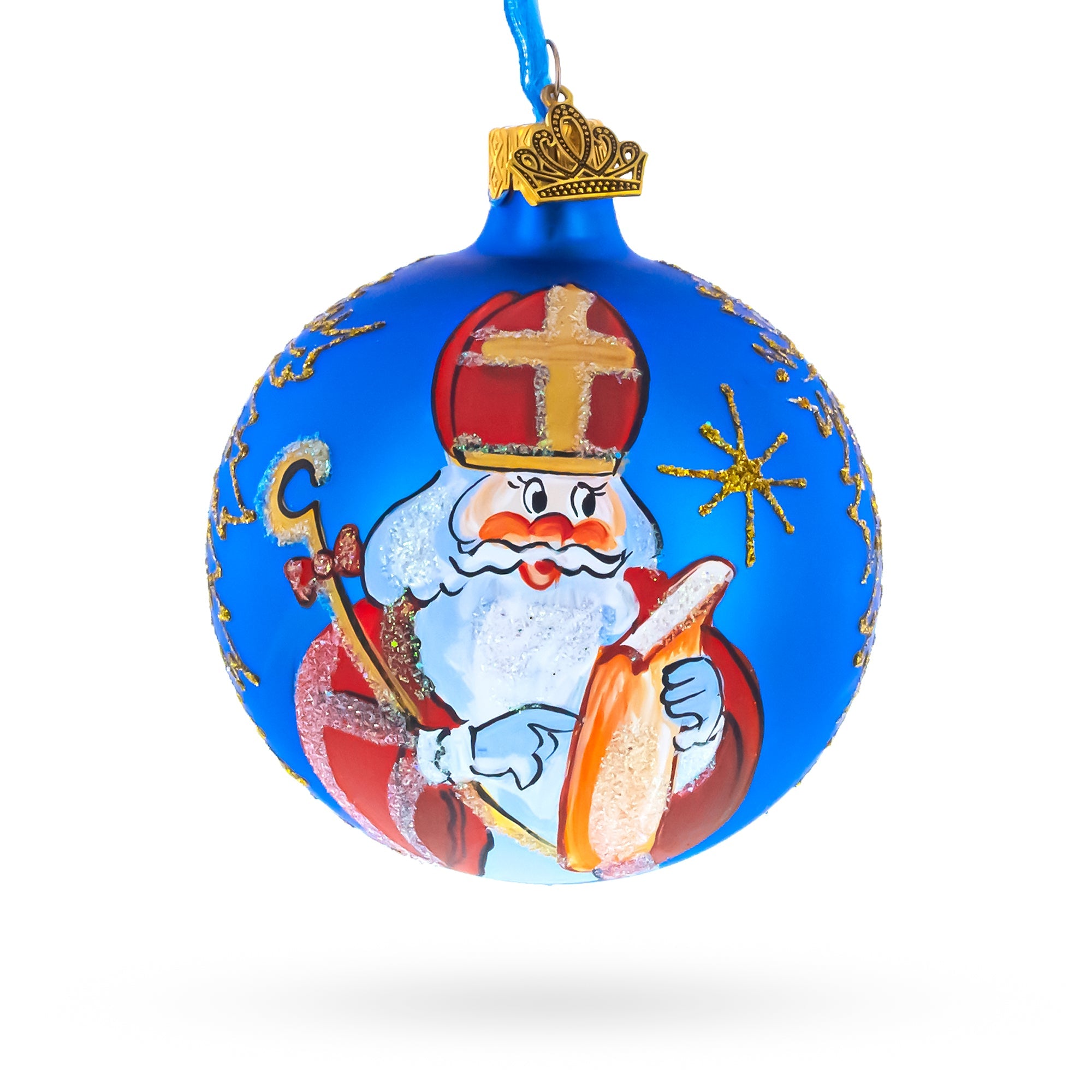 St. Nicholas Reviewing His Gift List Glass Ball Christmas Ornament 3.25 Inches
