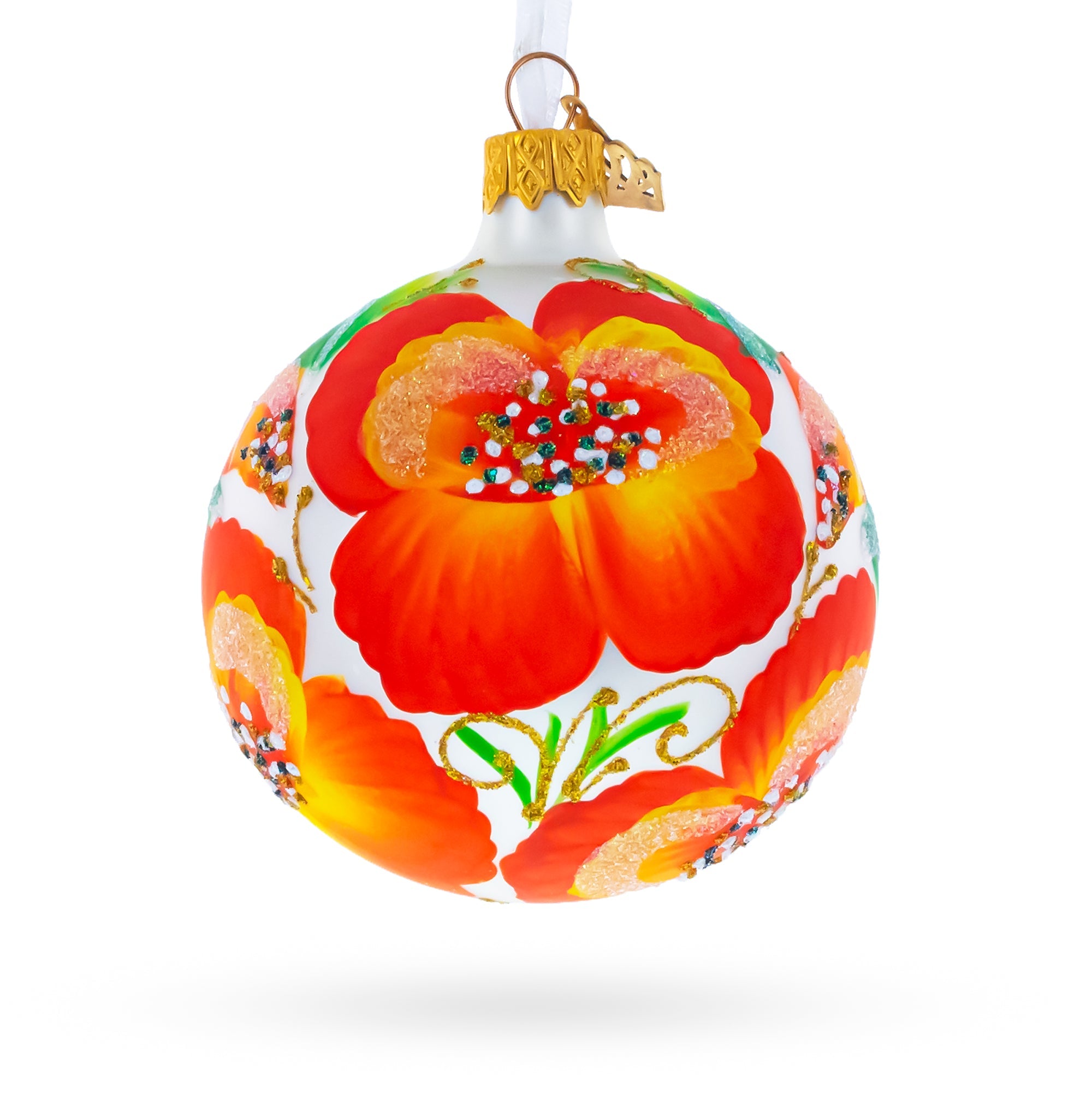 Poppy Flowers on White Glass Ball Christmas Ornament, 3.25 Inches
