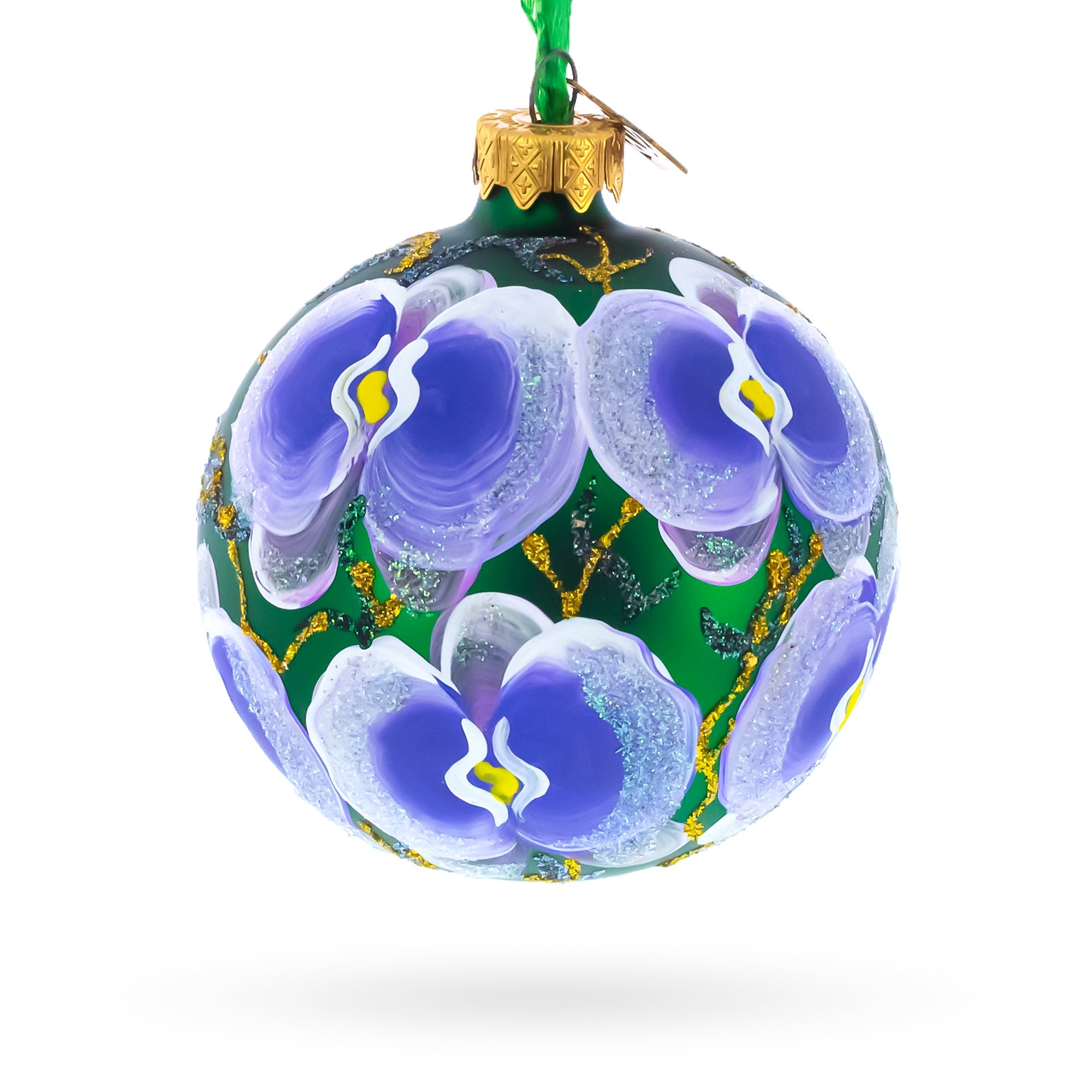 Blue Orchids on Verdant Green Glass Ball Christmas Ornament 3.25 Inches