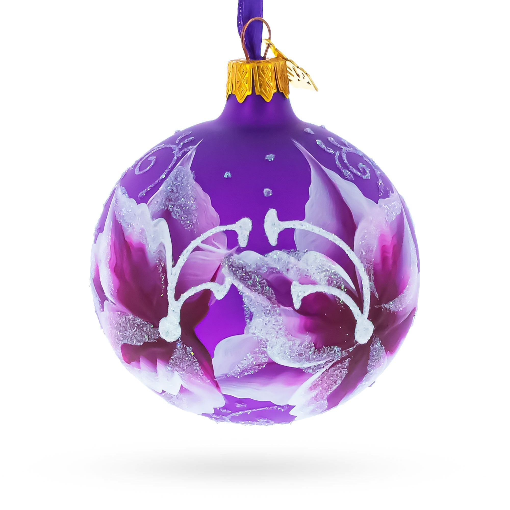 Purple Lily Blossoms Glass Ball Christmas Ornament 3.25 Inches