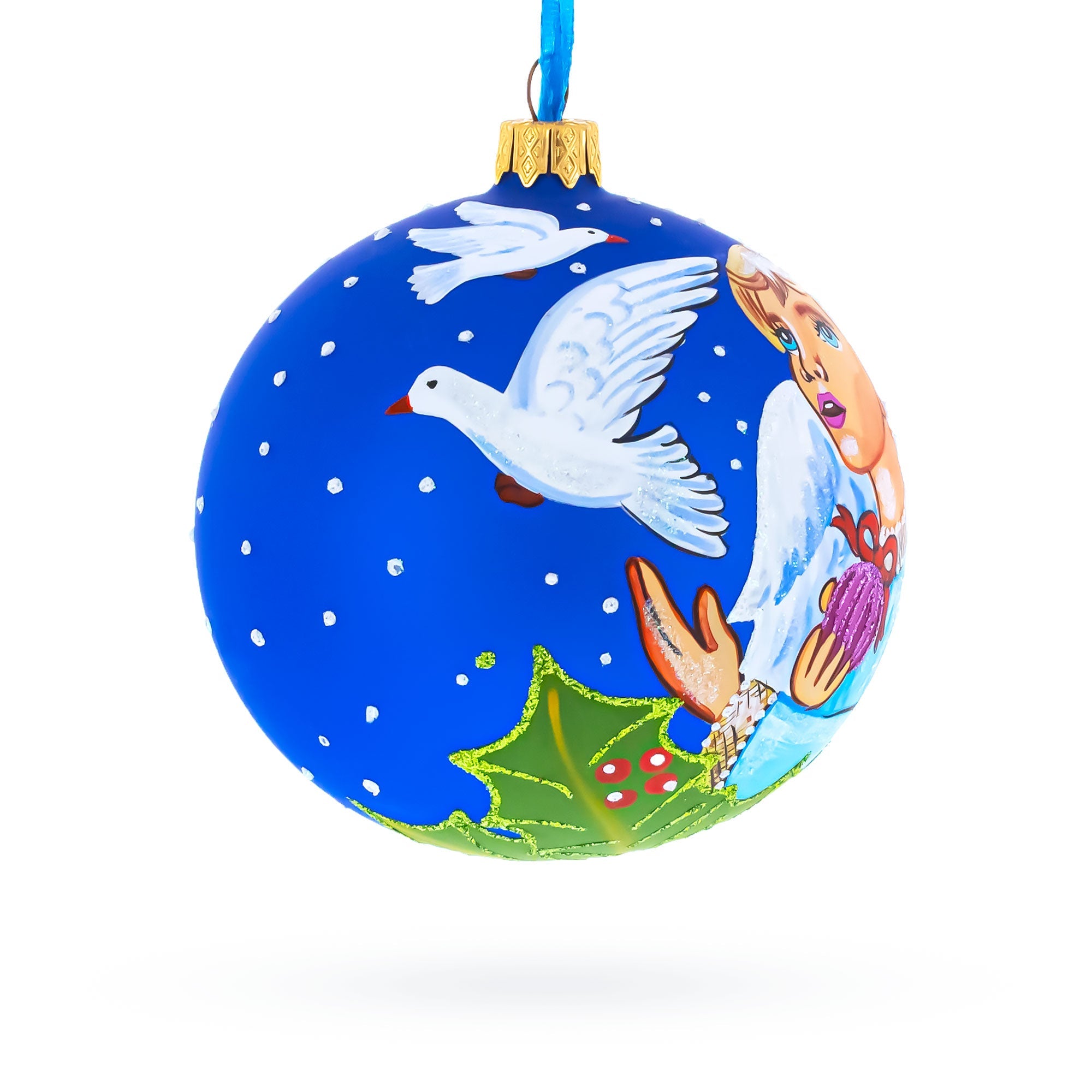 Angel with Peace Pigeons Glass Ball Christmas Ornament 4 Inches