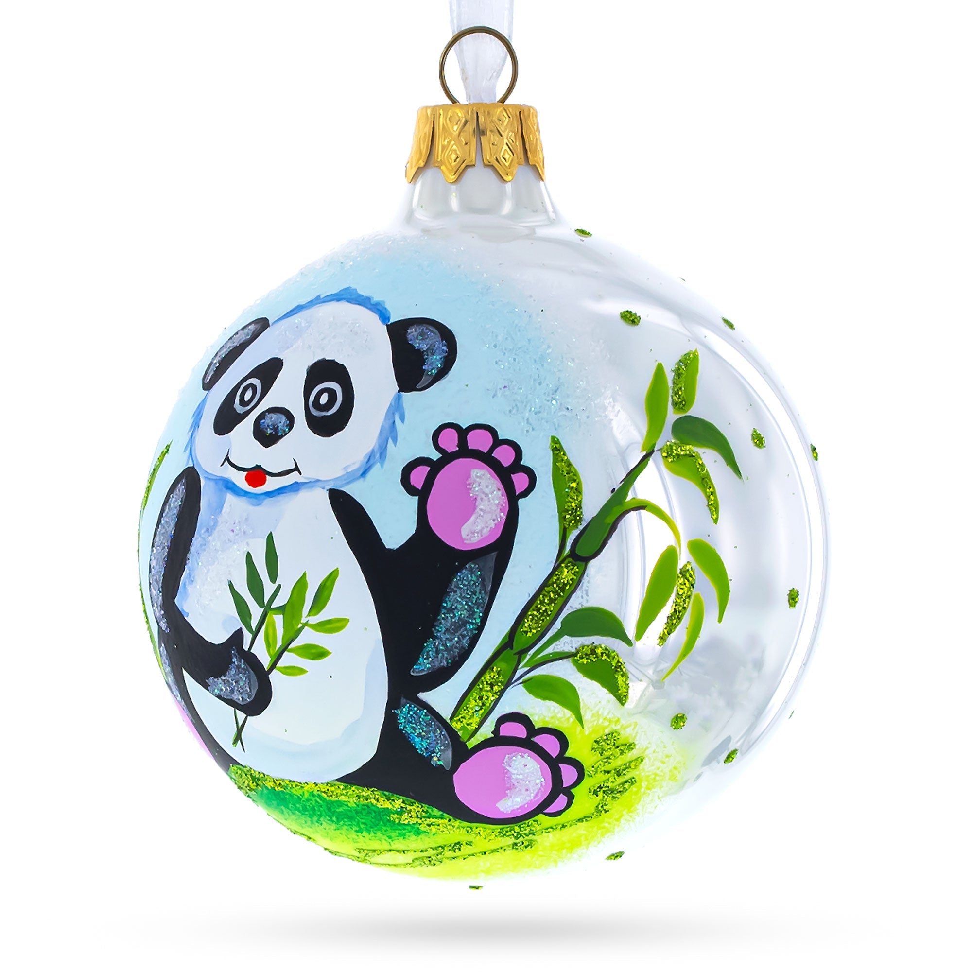 Panda with Bamboo Glass Christmas Ornament 4 Inches BestPysanky