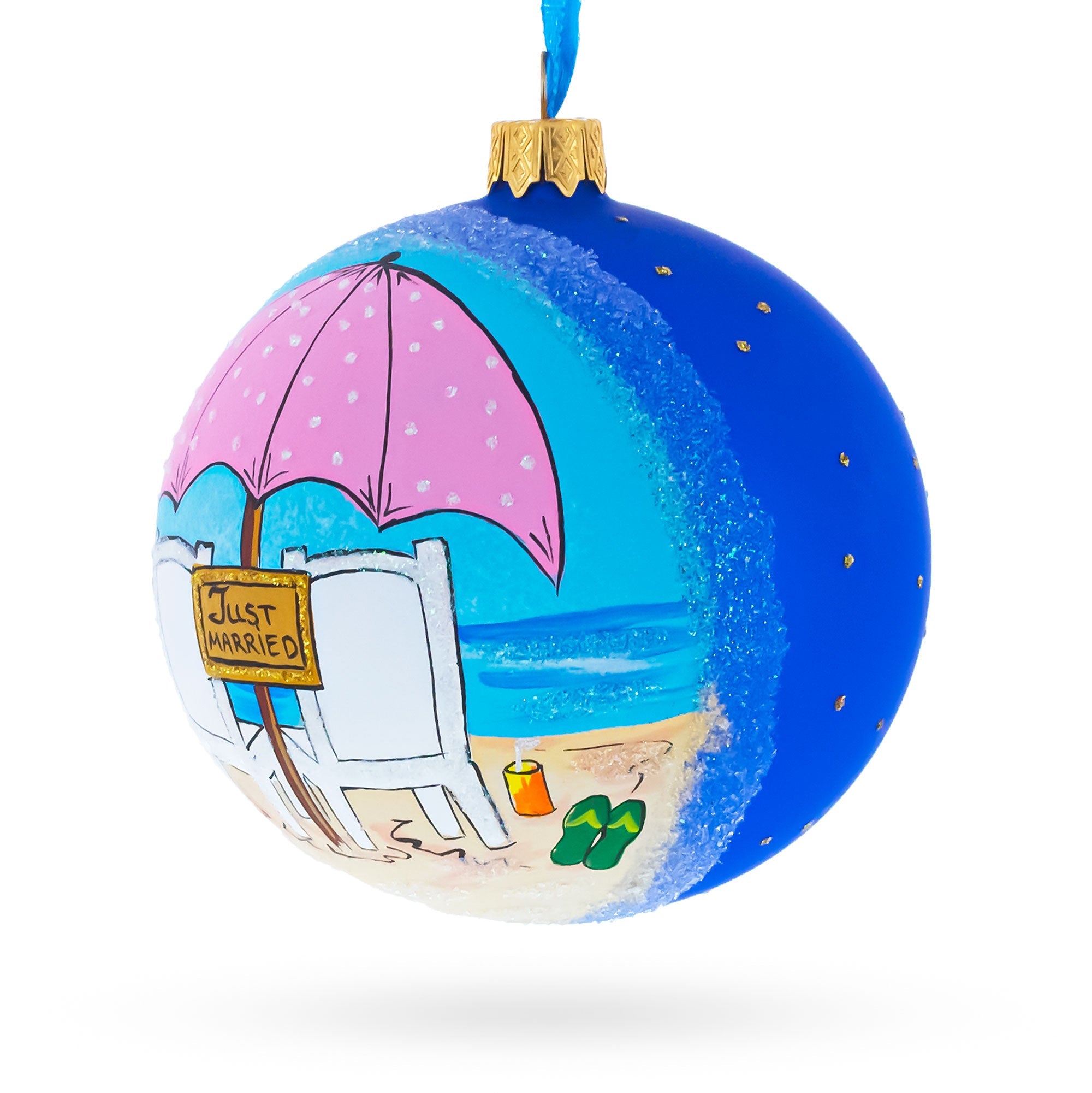 Just Married on the Beach Glass Ball Christmas Ornament 4 Inches