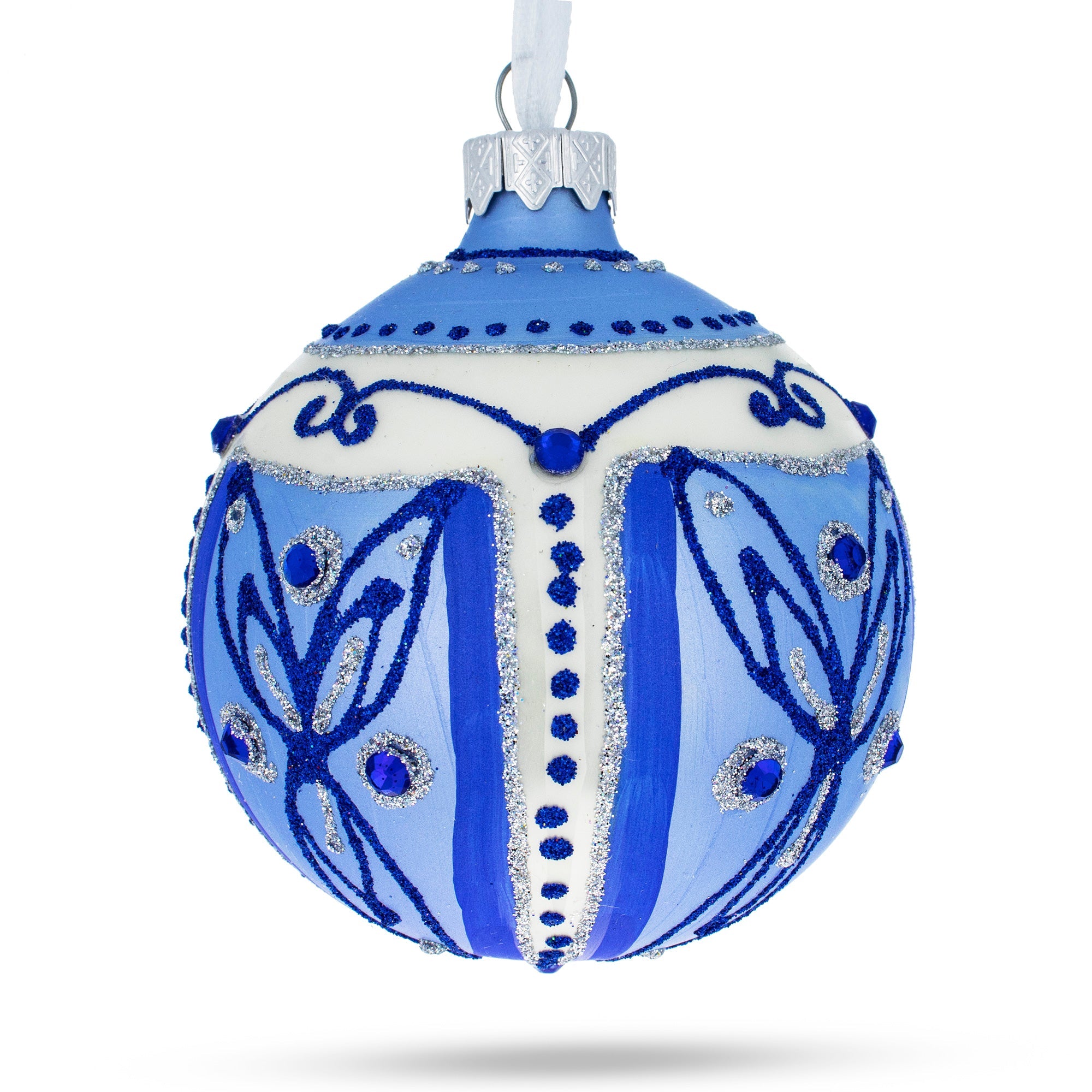 Blue Leaves Glass Ball Christmas Ornament 3.25 Inches BestPysanky