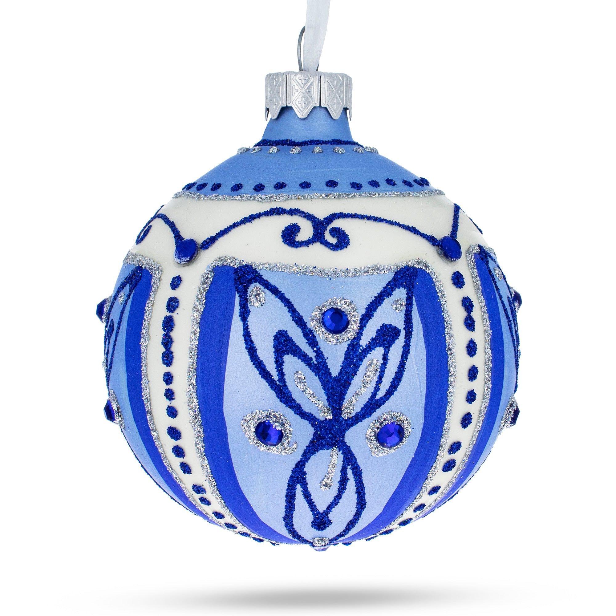 Blue Leaves Glass Ball Christmas Ornament 3.25 Inches BestPysanky