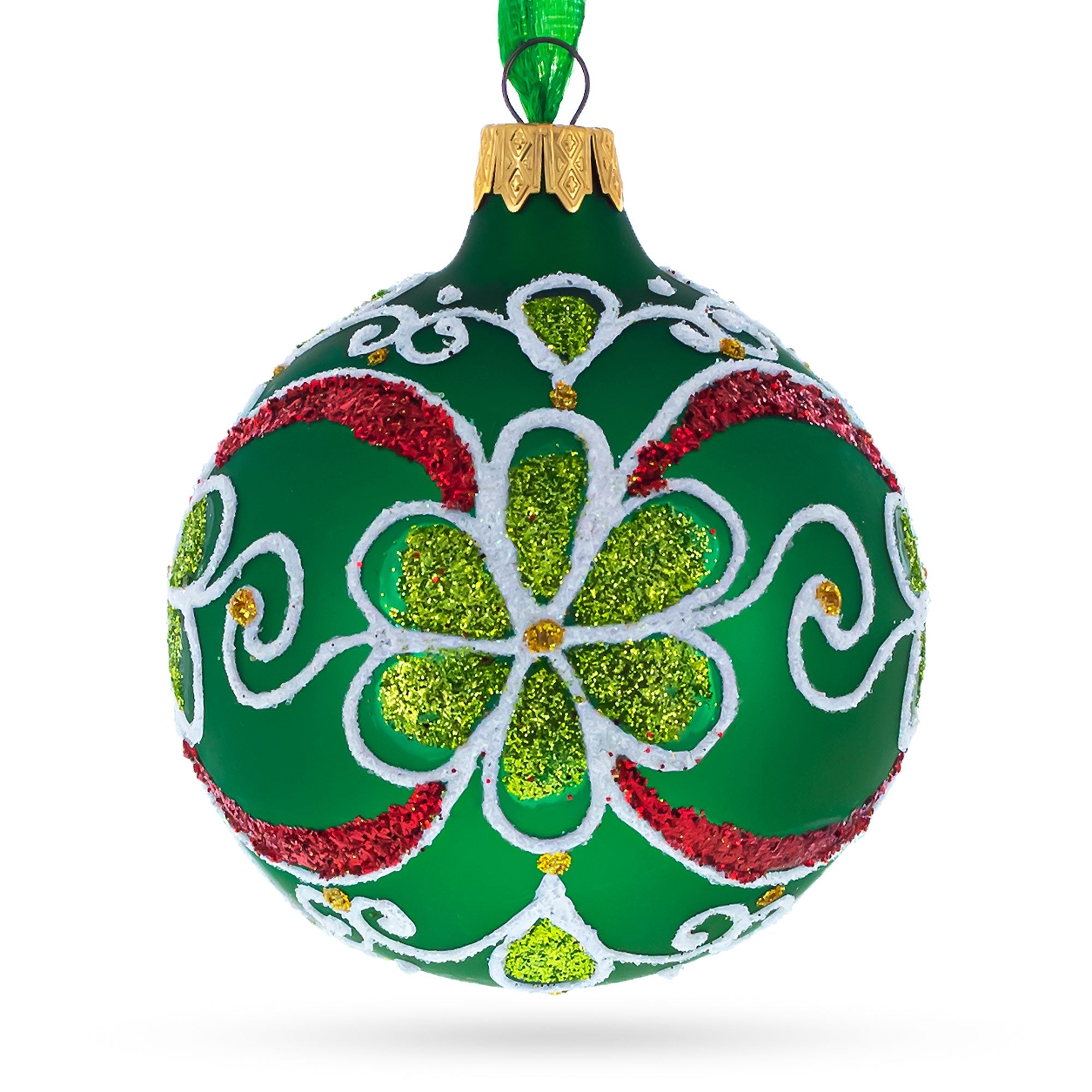 Flowers on Green Glass Ball Christmas Ornament 3.25 Inches
