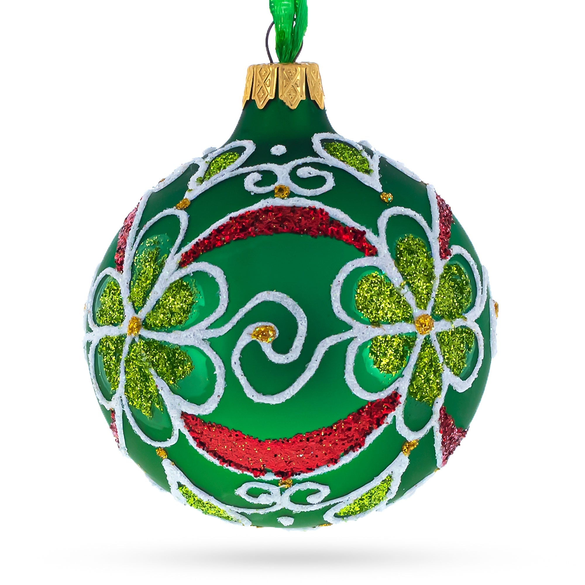 Flowers on Green Glass Ball Christmas Ornament 3.25 Inches