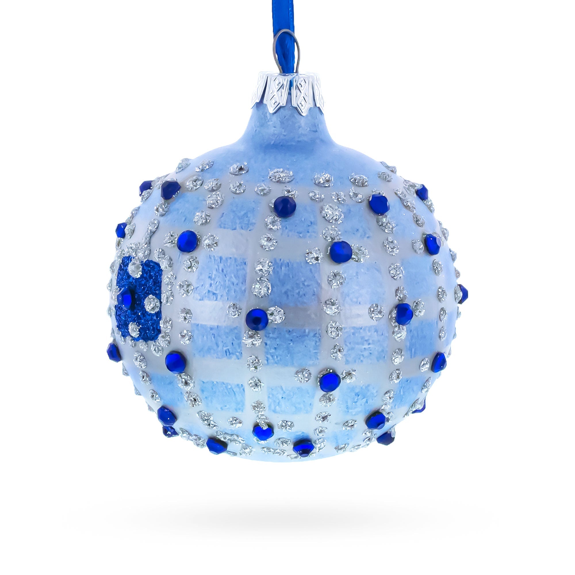 Blue Jewels and Check Pattern Necklace Design Glass Ball Christmas Ornament 3.25 Inches BestPysanky