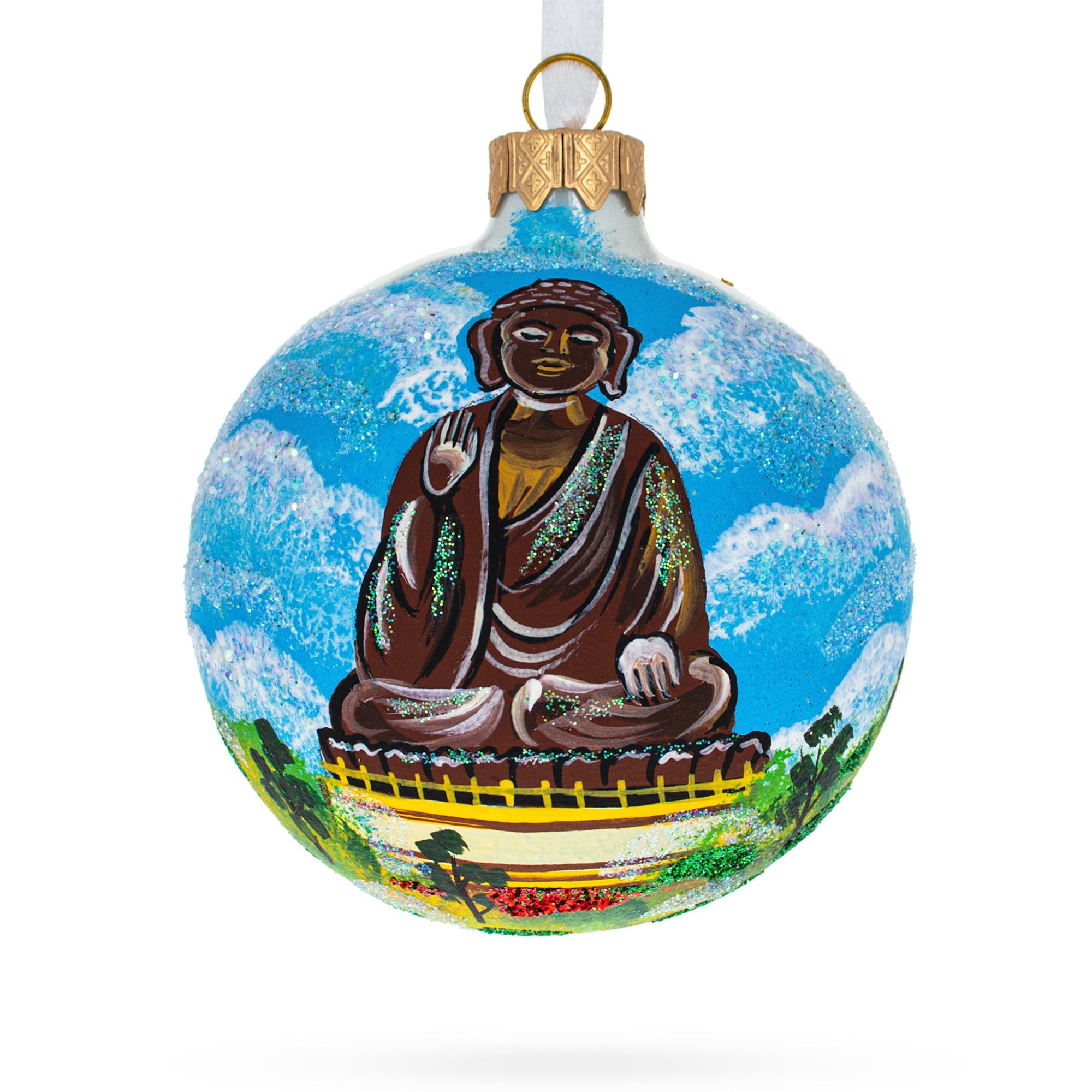 Tian Tan Buddha (Big Buddha), Hong Kong Glass Ball Christmas Ornament 3.25 Inches BestPysanky