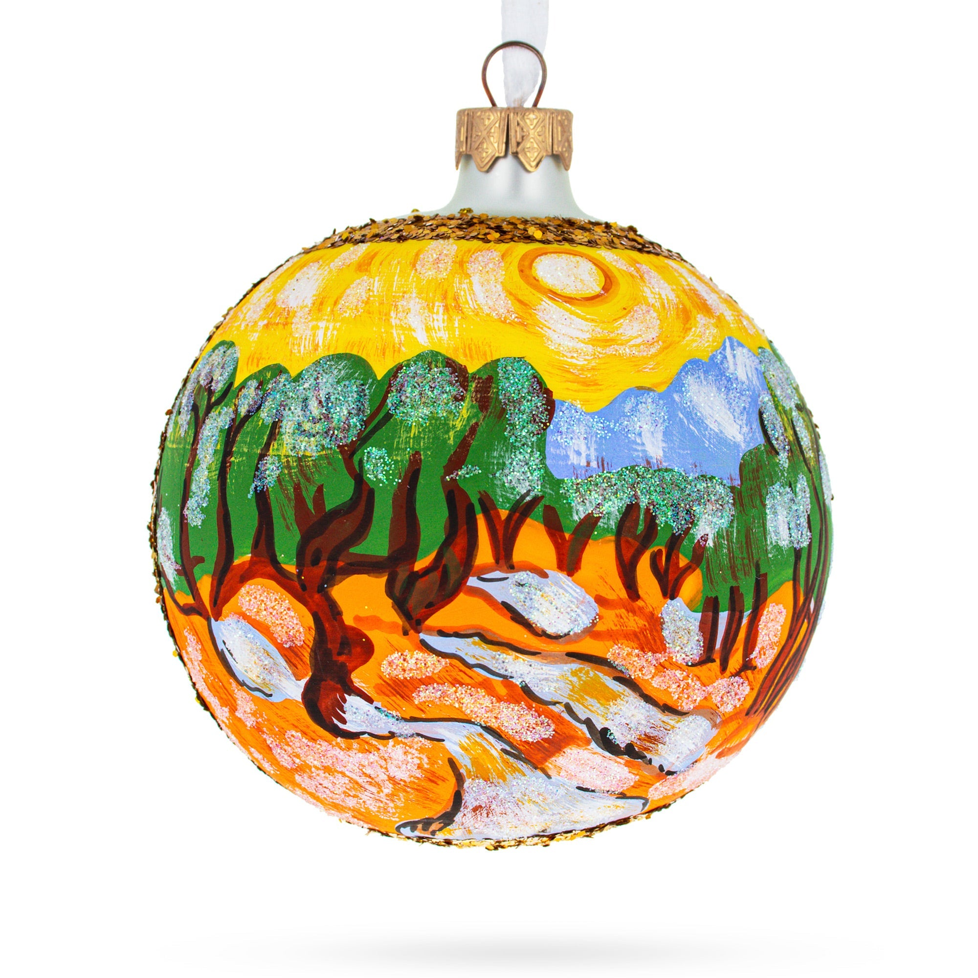 1889 'Olive Trees with Yellow Sky and Sun' by Van Gogh Glass Ball Christmas Ornament 4 Inches