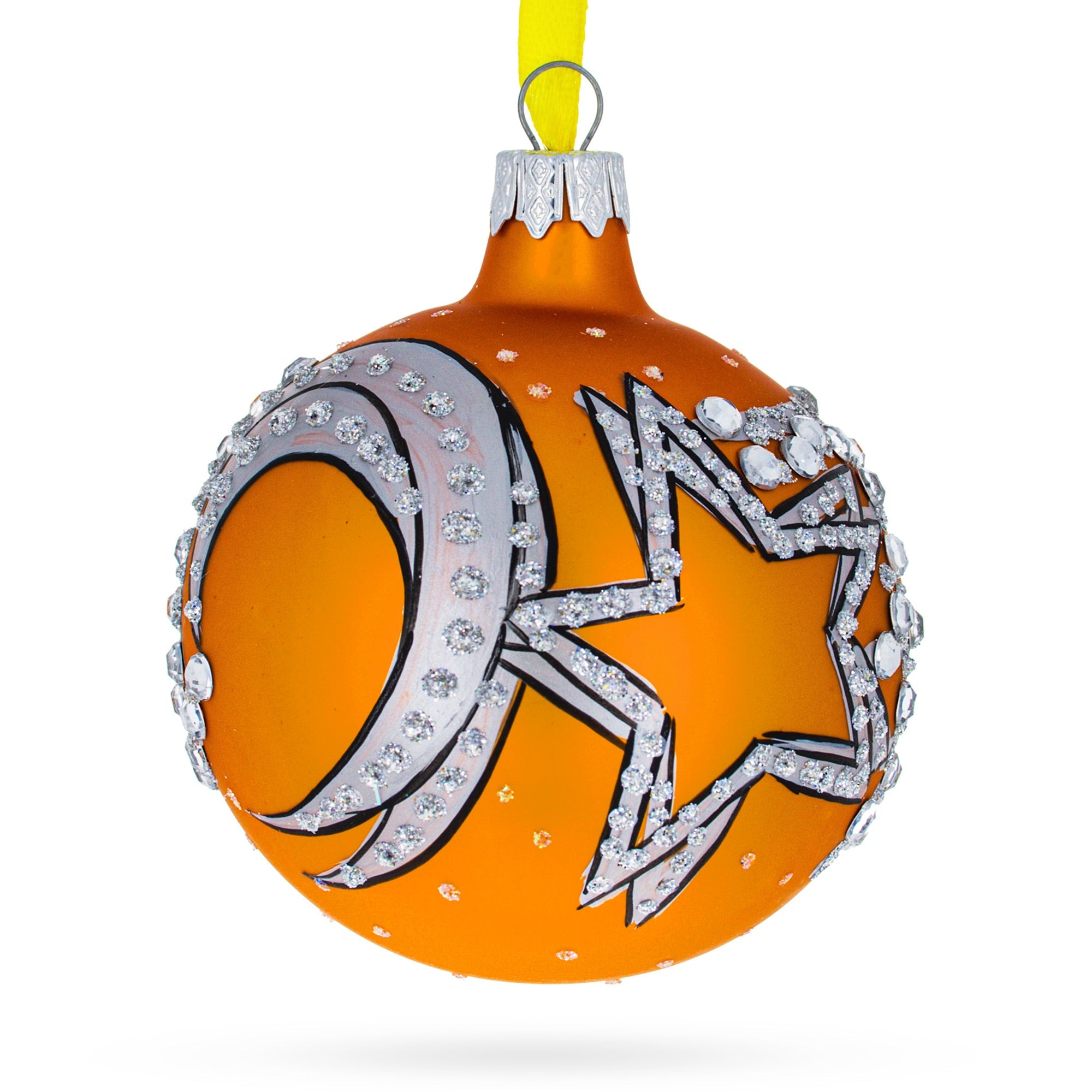 Italian Couturier Stars and Moons Design Glass Ball Christmas Ornament 3.25 Inches