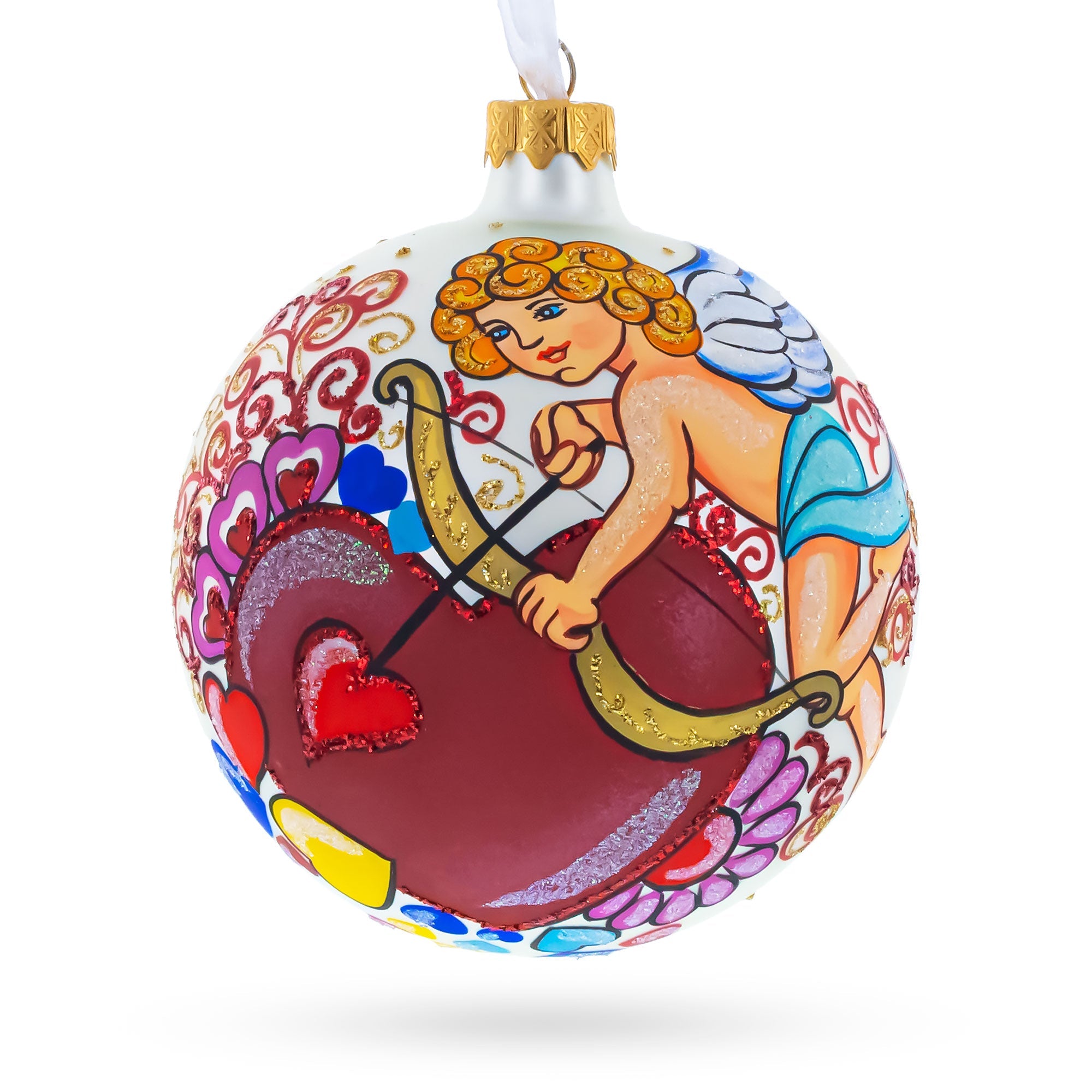 Cupid with Bow and Heart Glass Ball Christmas Ornament 4 Inches BestPysanky