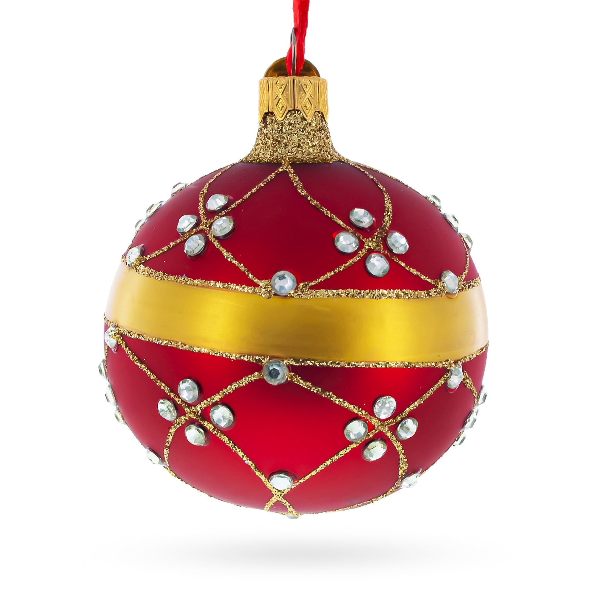 Diamond Trellis Pattern on Red Glass Ball Christmas Ornament 3.25 Inches BestPysanky