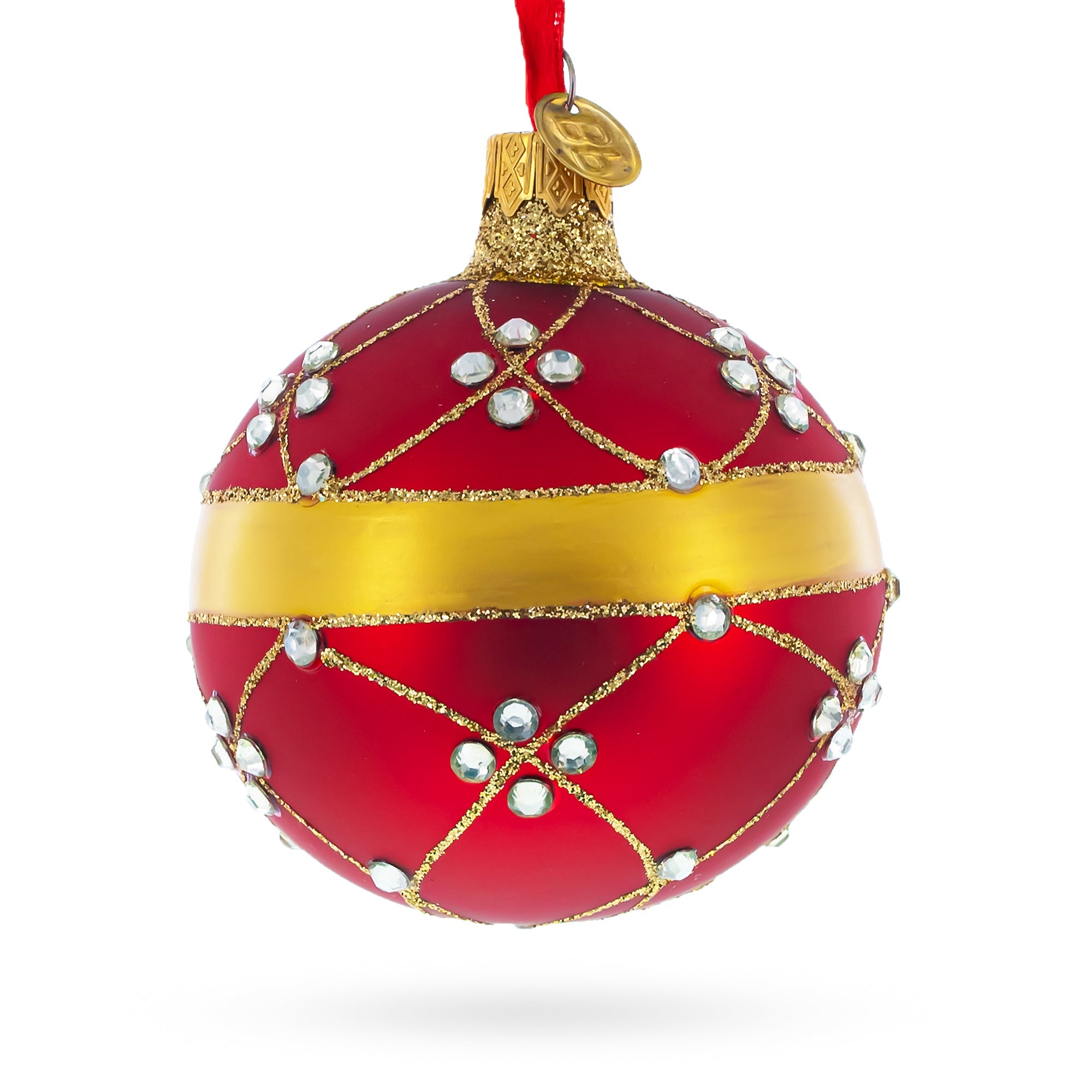 Diamond Trellis Pattern on Red Glass Ball Christmas Ornament 3.25 Inches BestPysanky