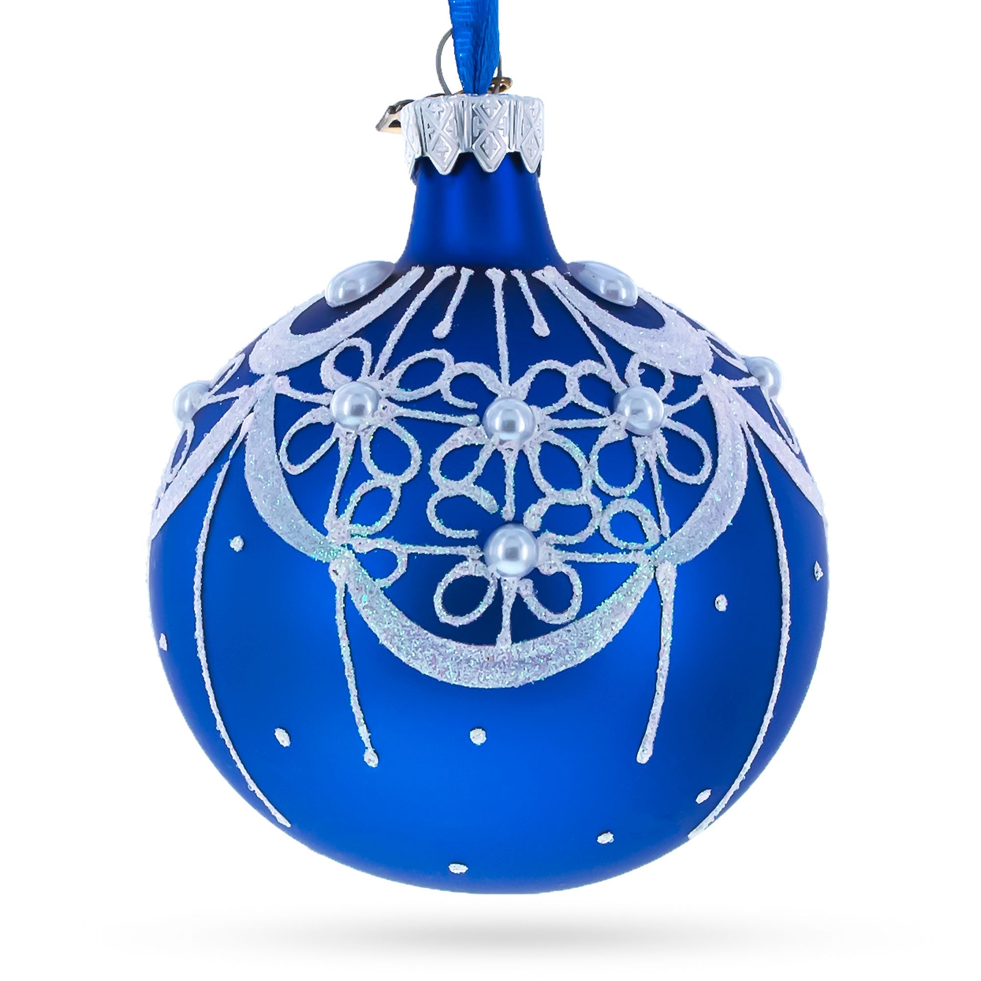 White Flowers Blossoming on a Tranquil Azure Blue Glass Ball Christmas Ornament 3.25 Inches