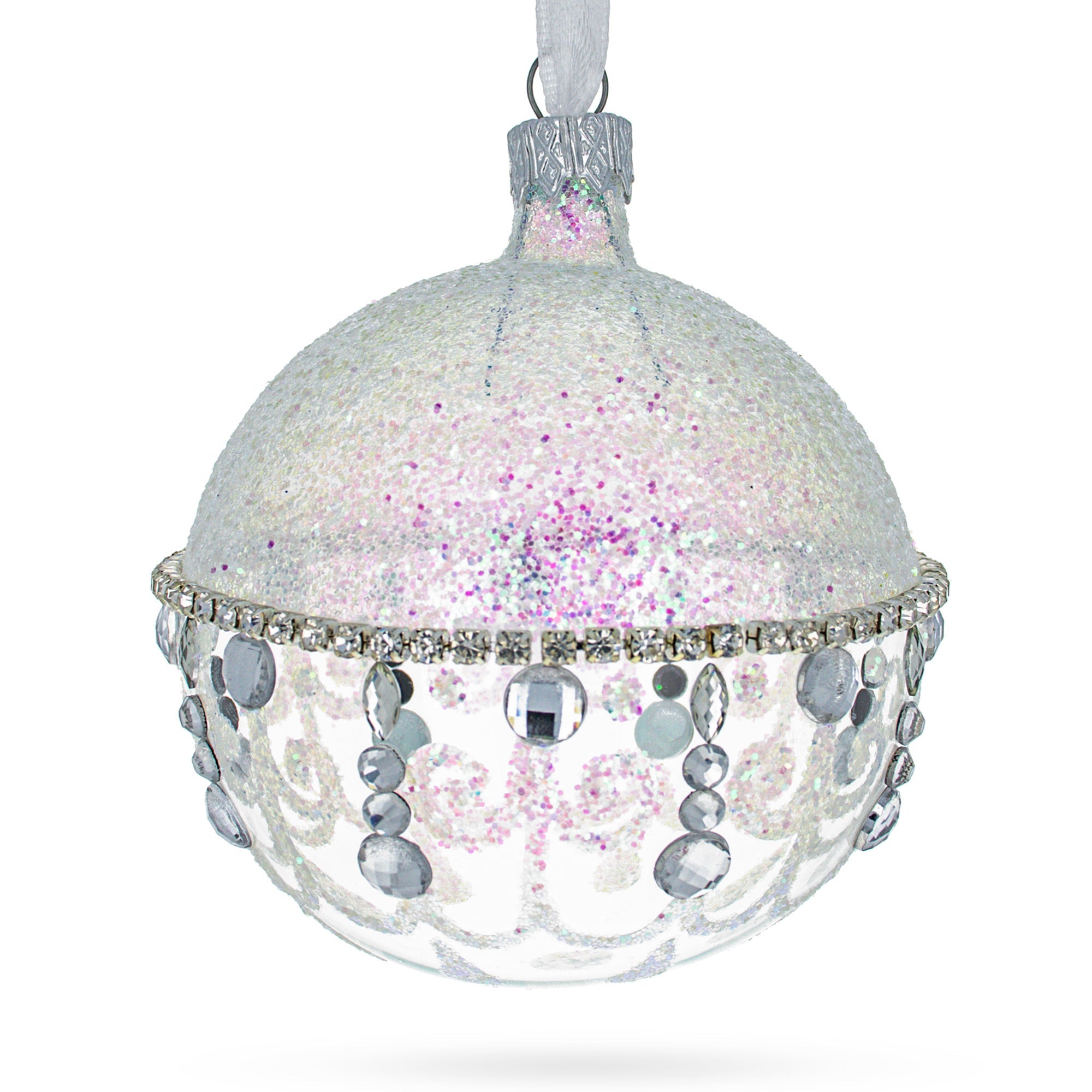 Diamond Chandelier on a Crystal Clear Glass Ball Christmas Ornament 3.25 Inches