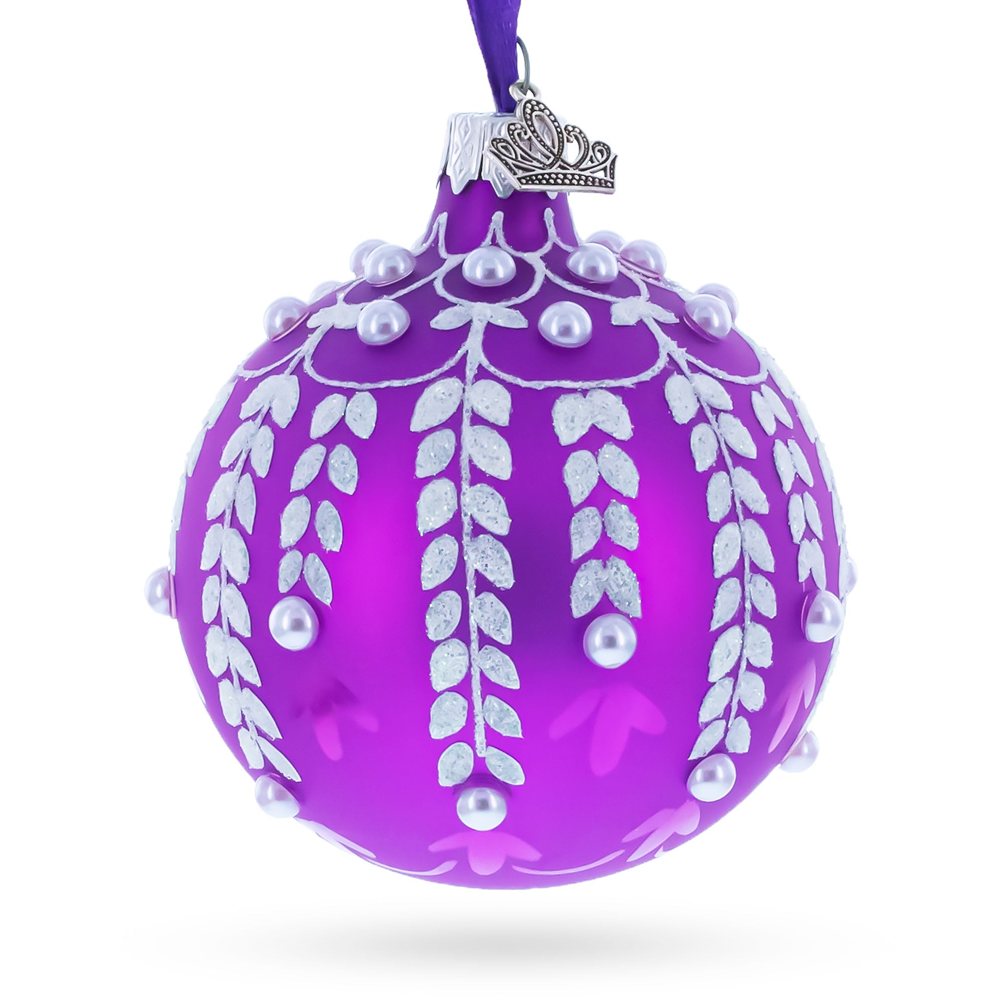 White Vines Entwined on a Lavender Dreamscape Glass Ball Christmas Ornament 3.25 Inches BestPysanky