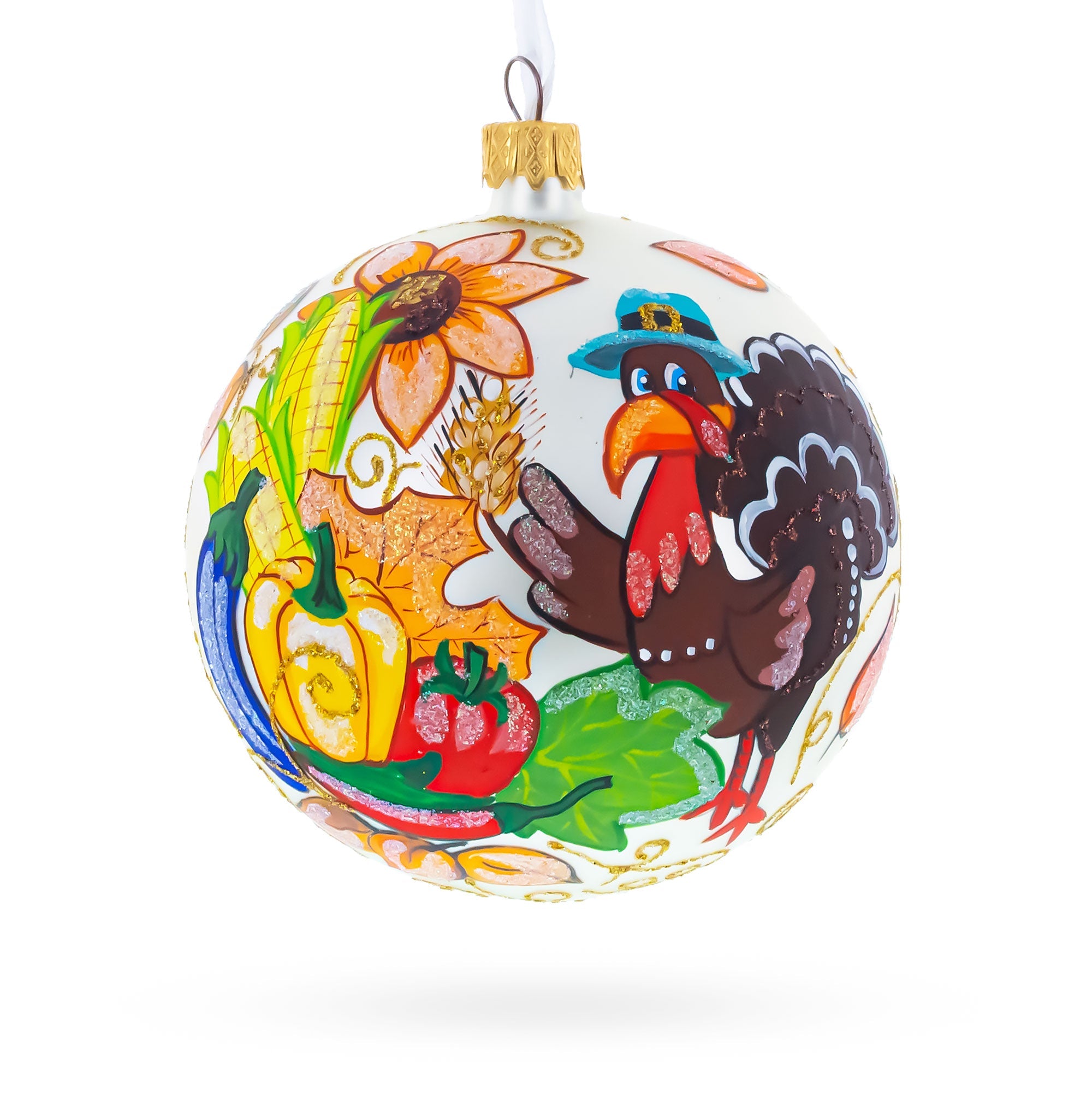 Turkey in Hat Thanksgiving Glass Ball Christmas Ornaments 4 Inches