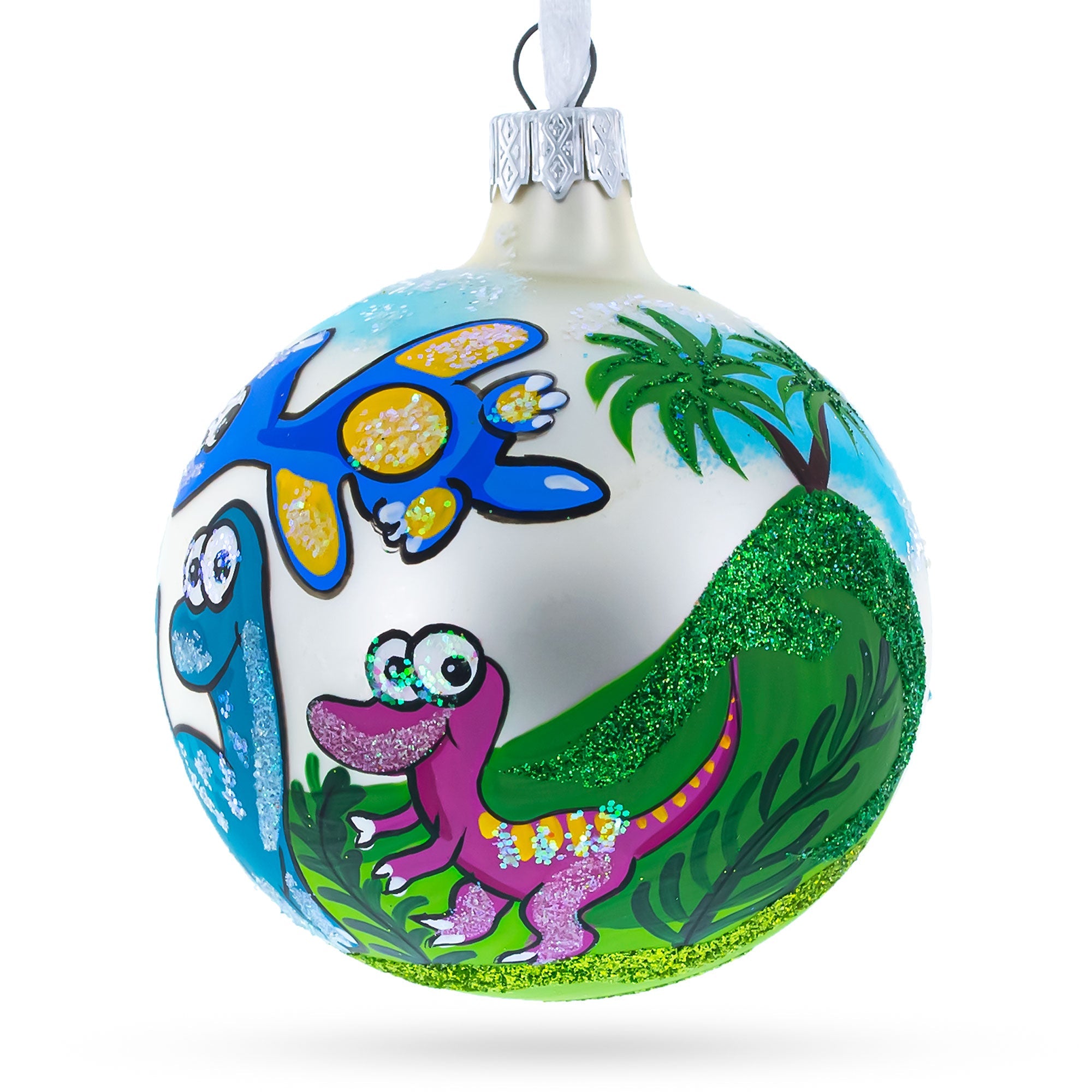 Baby Dinosaurs Glass Ball Christmas Ornament 3.25 Inches