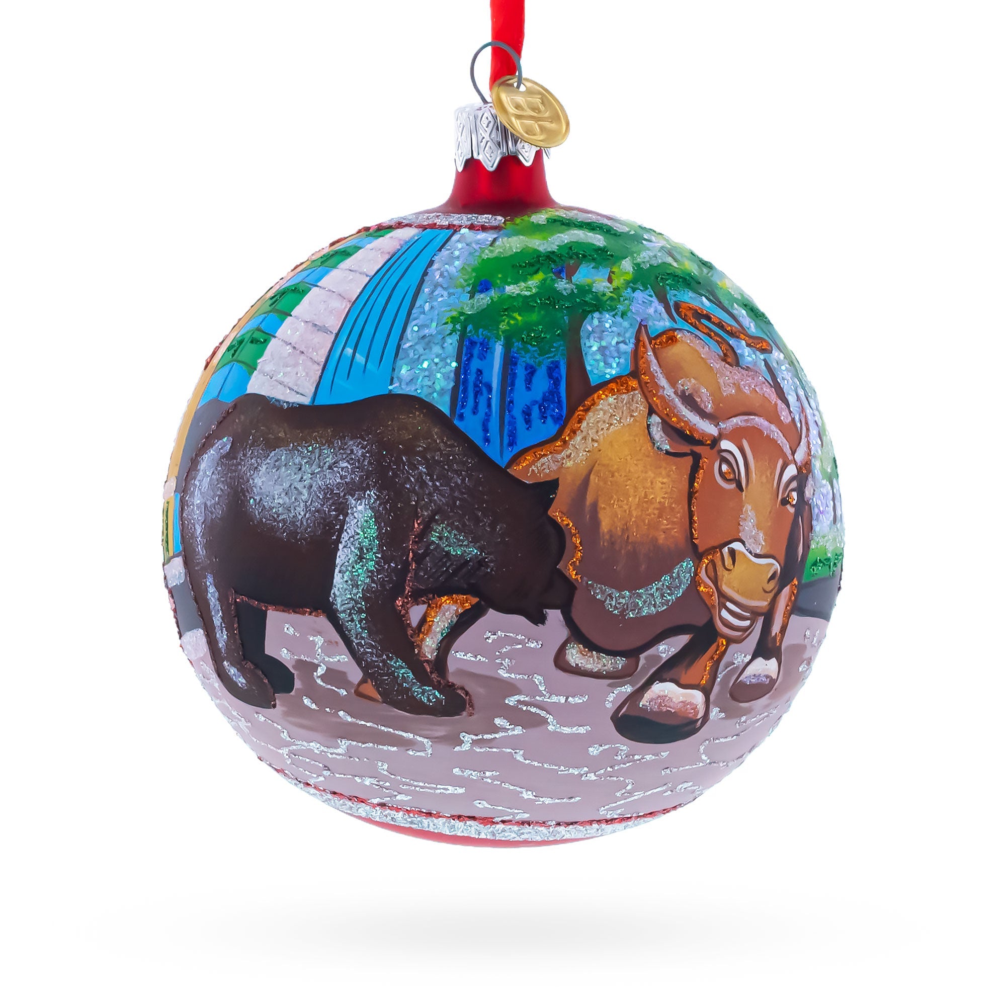 Bear and Bull on Wall Street Glass Ball Christmas Ornament 4 Inches