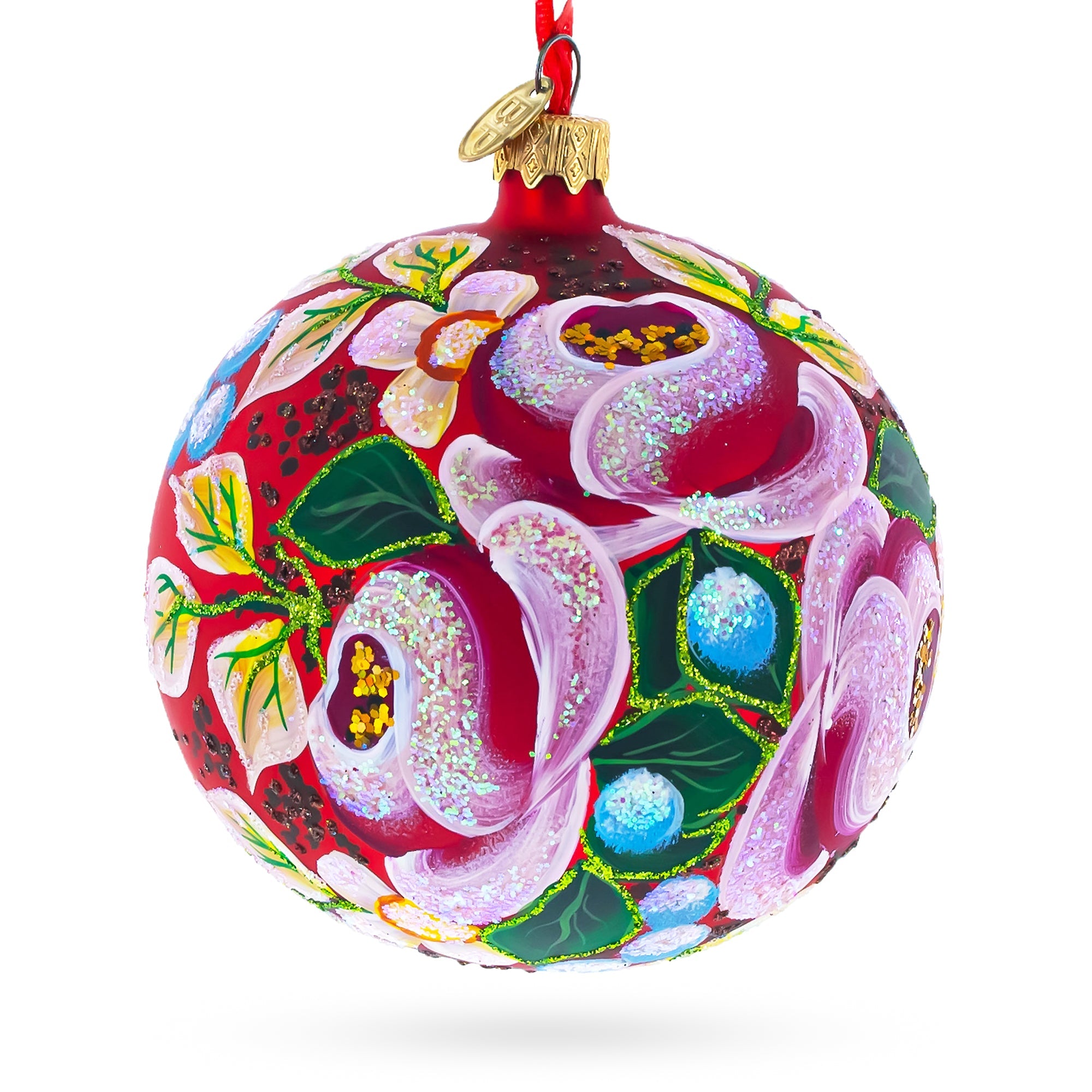 Roses Bouquet Glass Ball Christmas Ornament 4 Inches