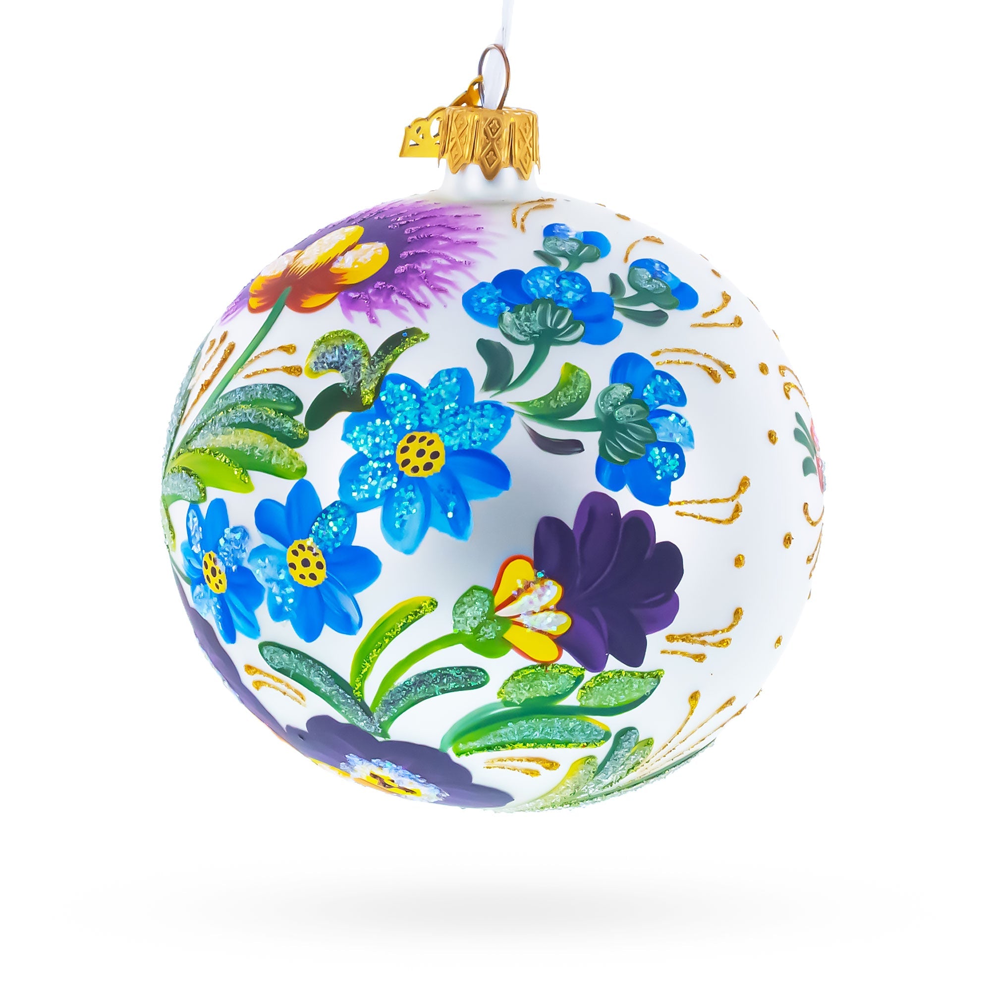 Ukrainian Petrykivka Floral Painting Glass Ball Christmas Ornament 4 Inches