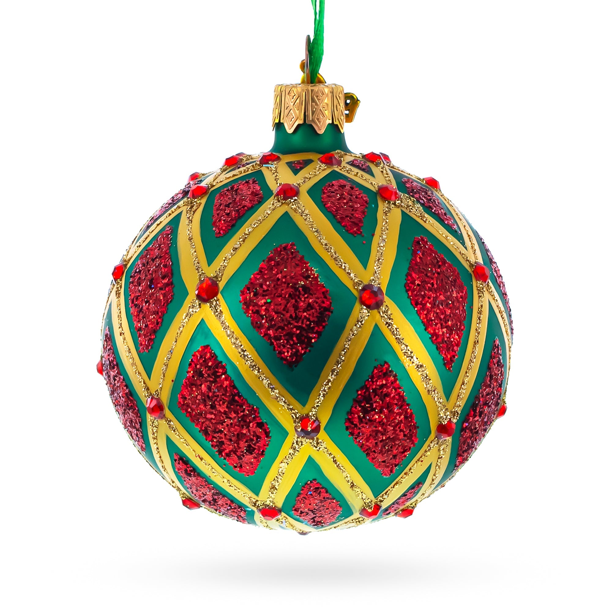 Glittered Red IKAT on Green Glass Ball Christmas Ornament 3.25 Inches