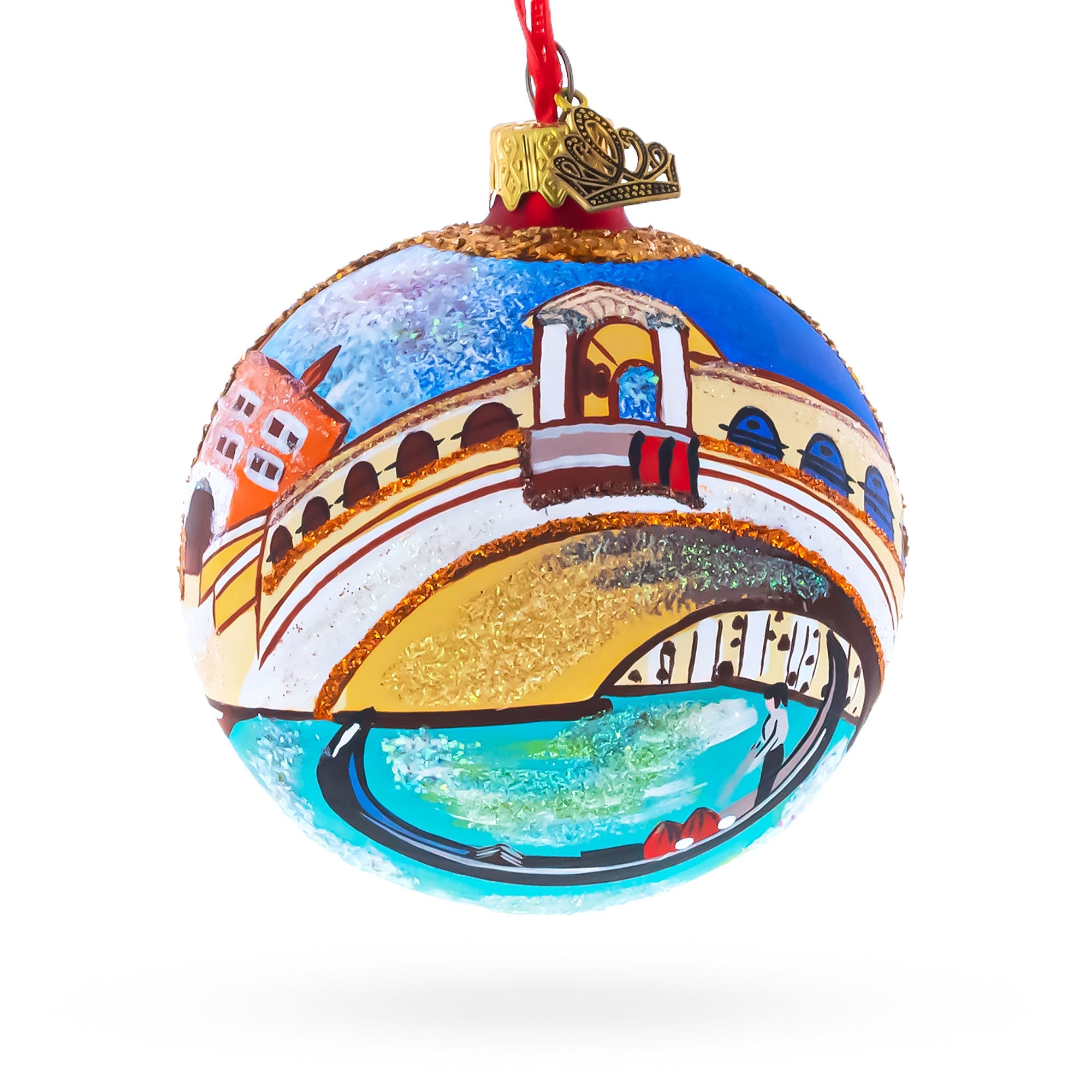 Gondola under The Rialto Bridge, Venice, Italy Glass Ball Christmas Ornament 3.25 Inches