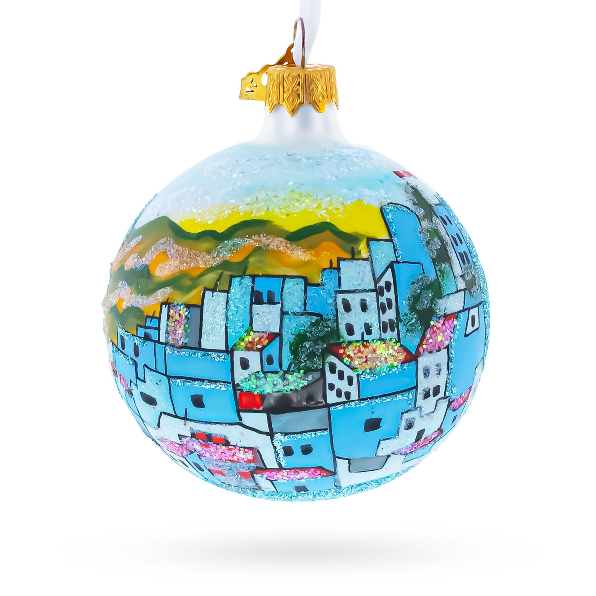 Blue City Chefchaouen, Morocco Glass Ball Christmas Ornament 3.25 Inches