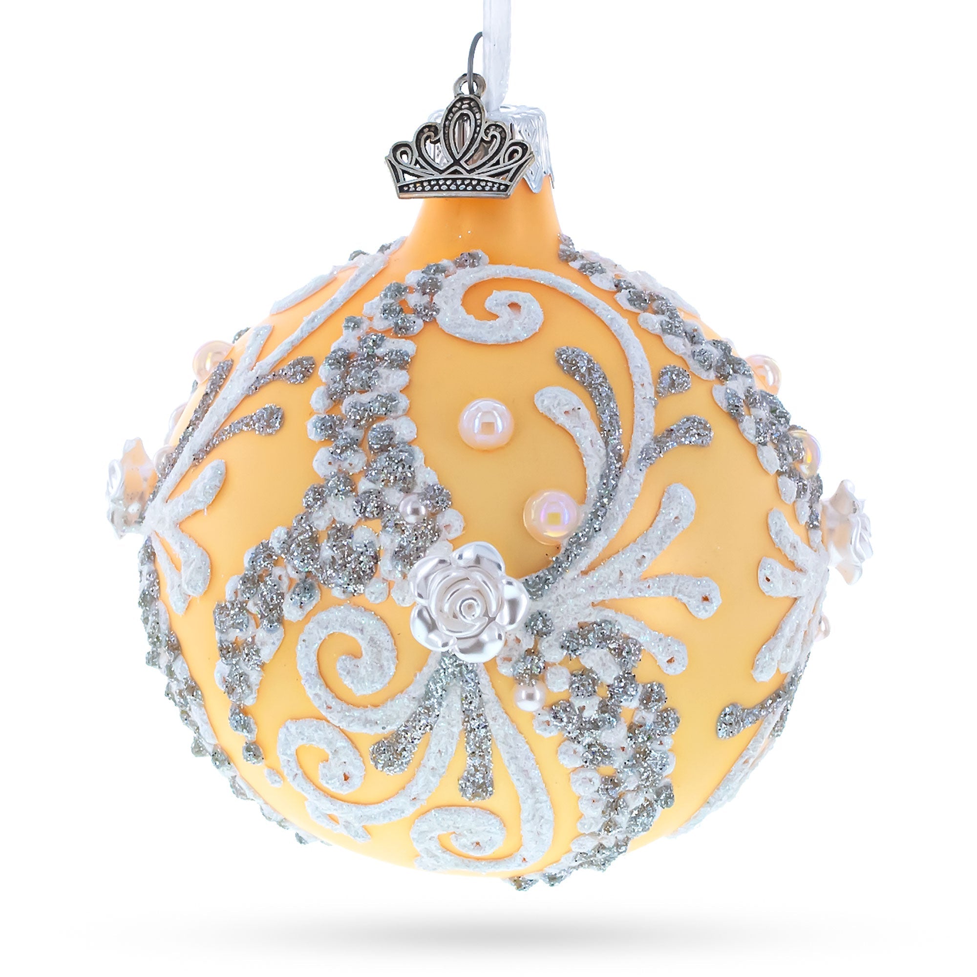 Snow Swirls on Ivory Glass Ball Christmas Ornament 3.25 Inches
