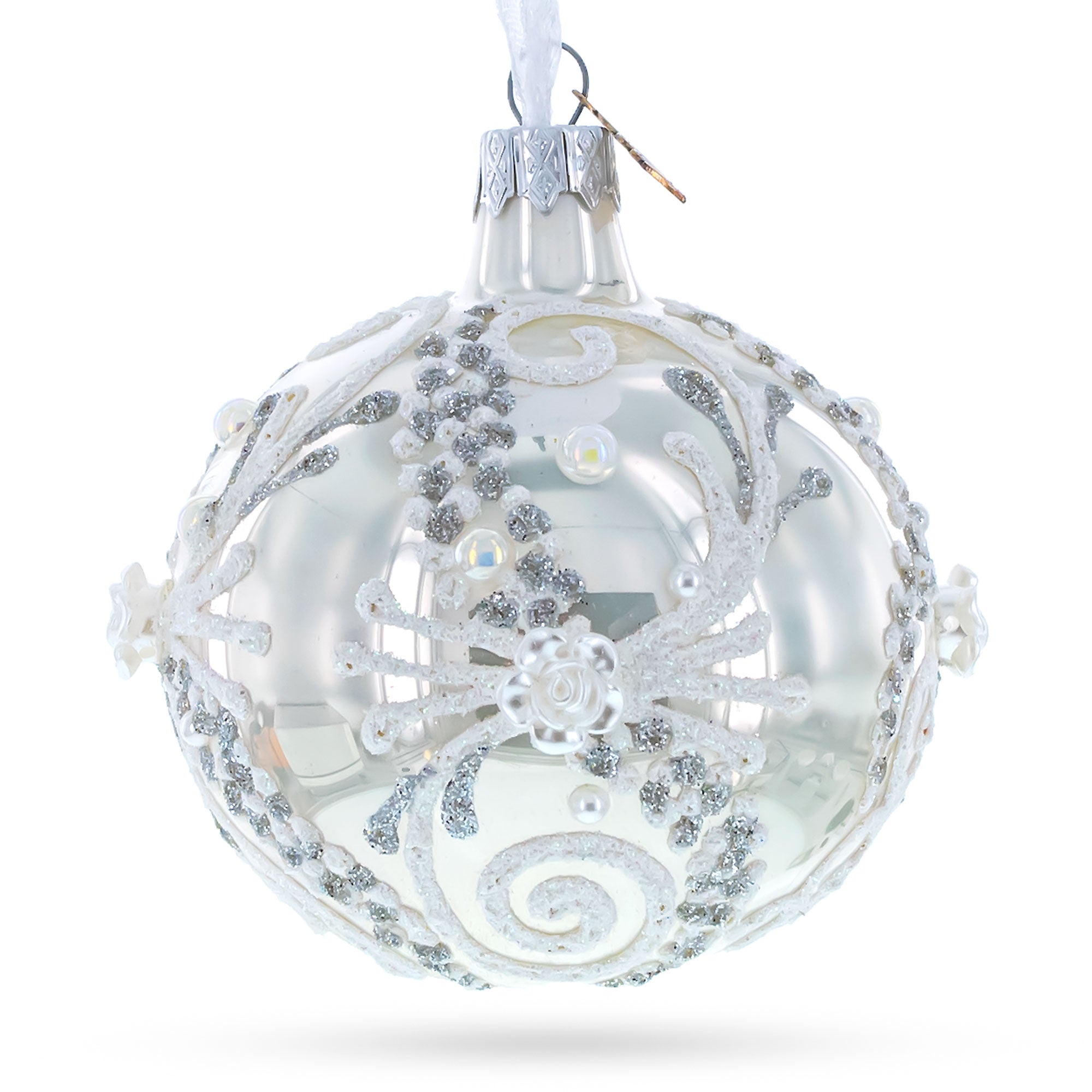 Snow Swirls on White Glass Ball Christmas Ornament 3.25 Inches BestPysanky