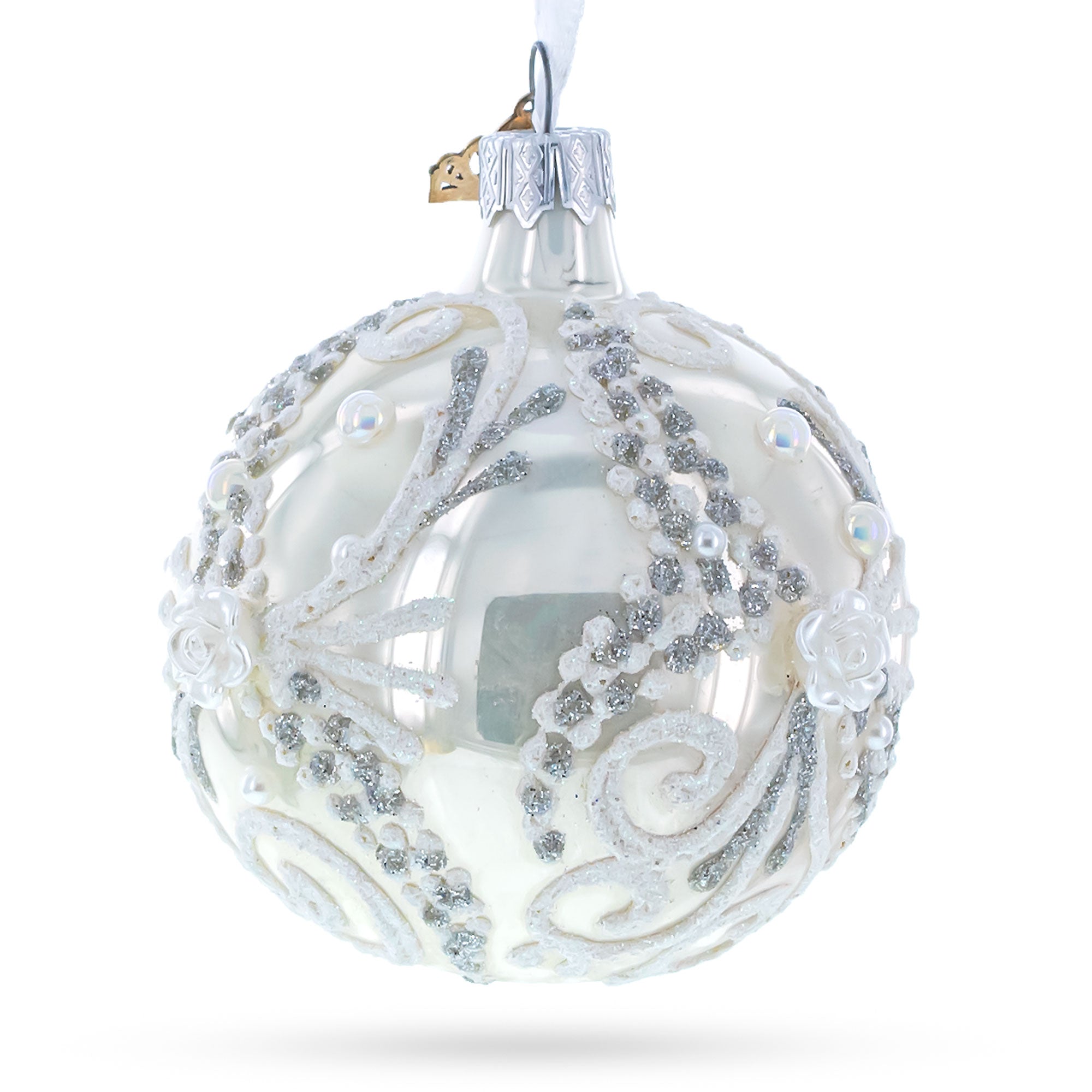 Snow Swirls on White Glass Ball Christmas Ornament 3.25 Inches BestPysanky