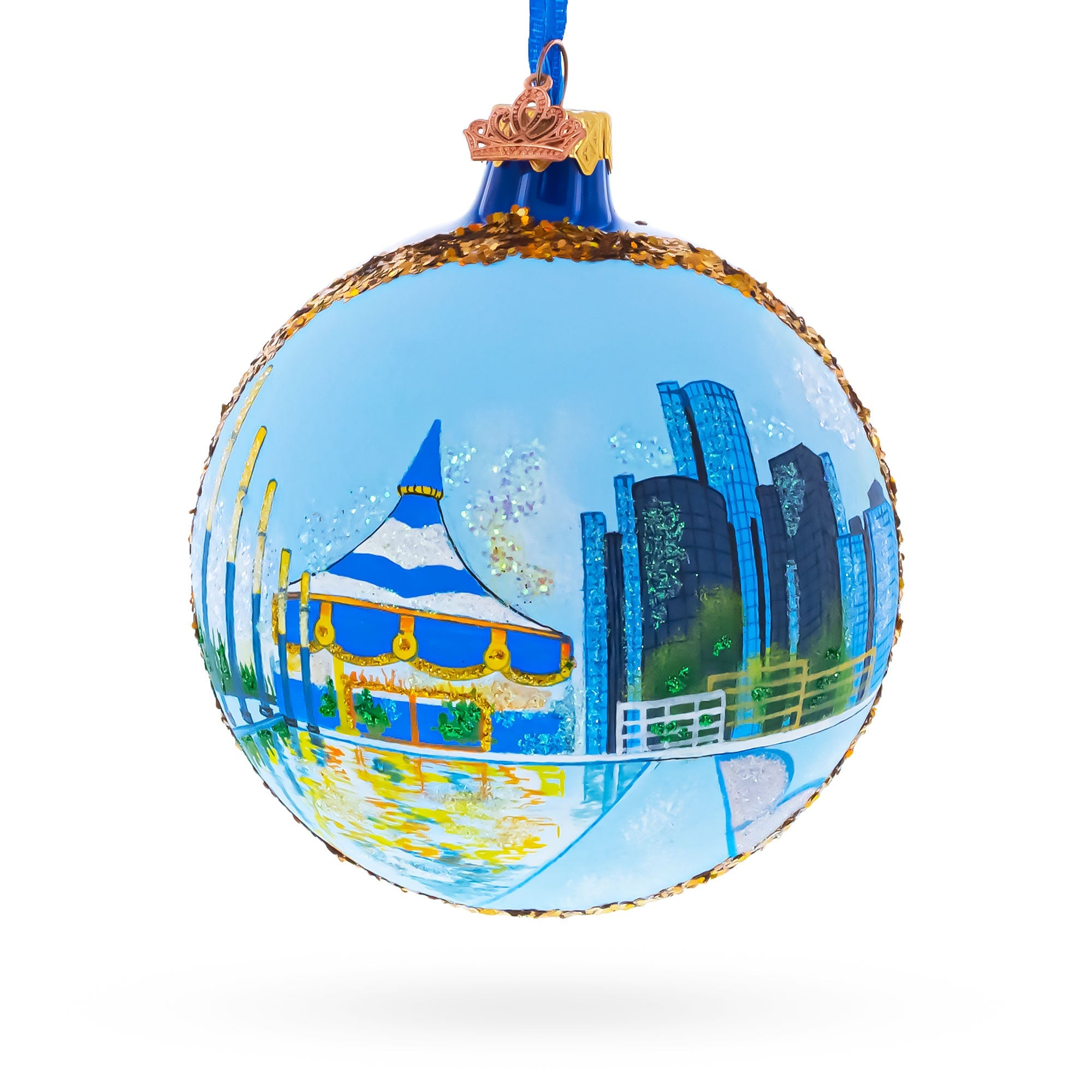 Detroit Riverfront, Detroit, Michigan, USA Glass Ball Christmas Ornament 4 Inches