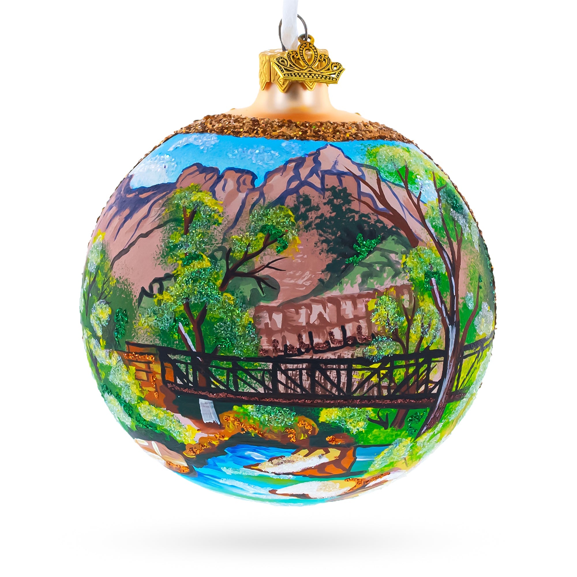 Bridge in the Mountain Park Painting Glass Ball Christmas Ornament 4 Inches BestPysanky