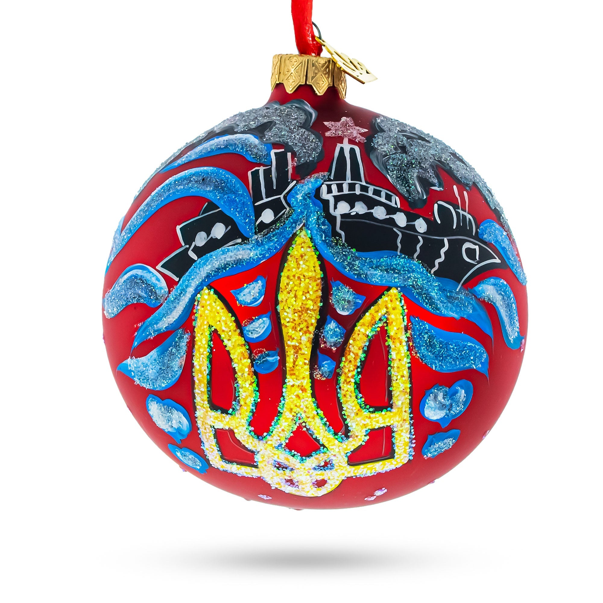 Ukrainian Tryzub Glass Ball Christmas Ornament 4 Inches