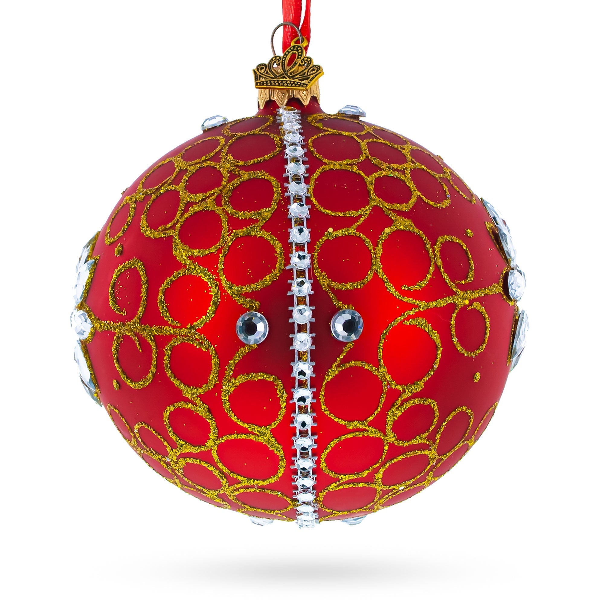 White Jewels on Red Glass Ball Christmas Ornament