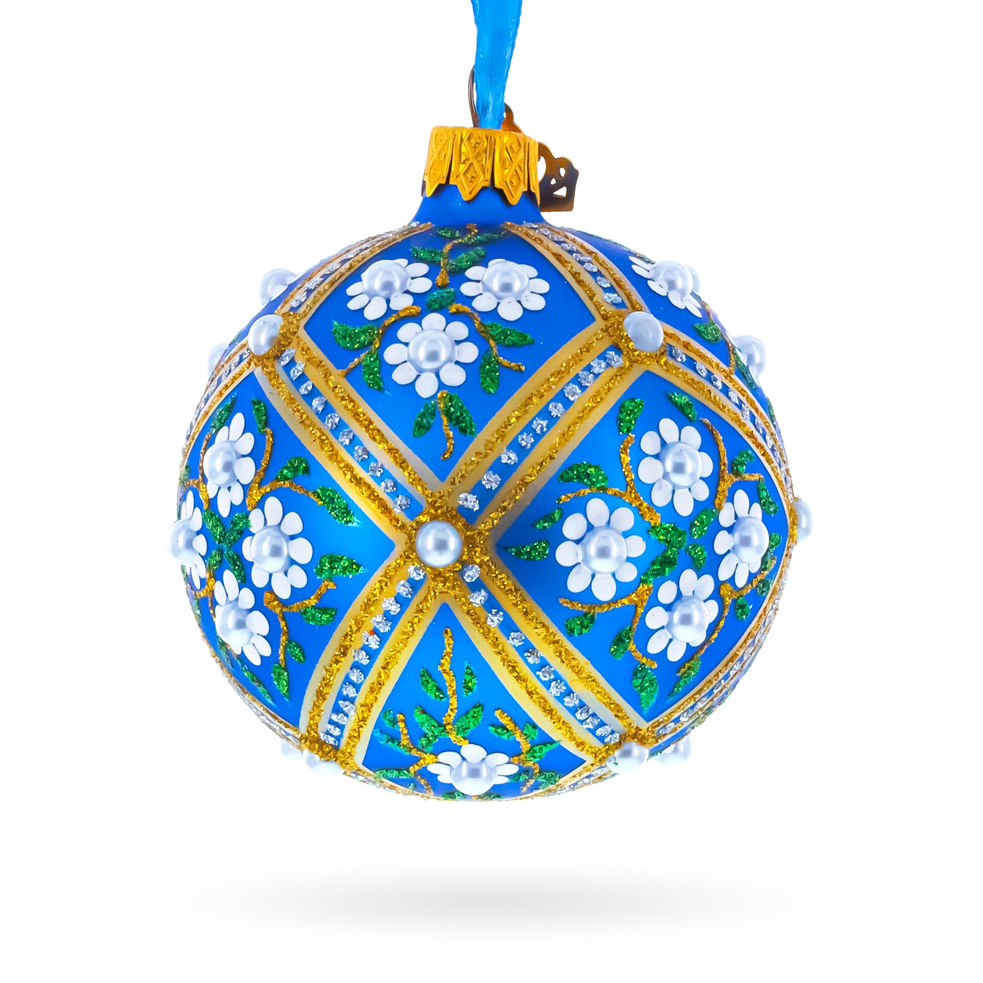 White Flowers on Blue Glass Ball Christmas Ornament 3.25 Inches