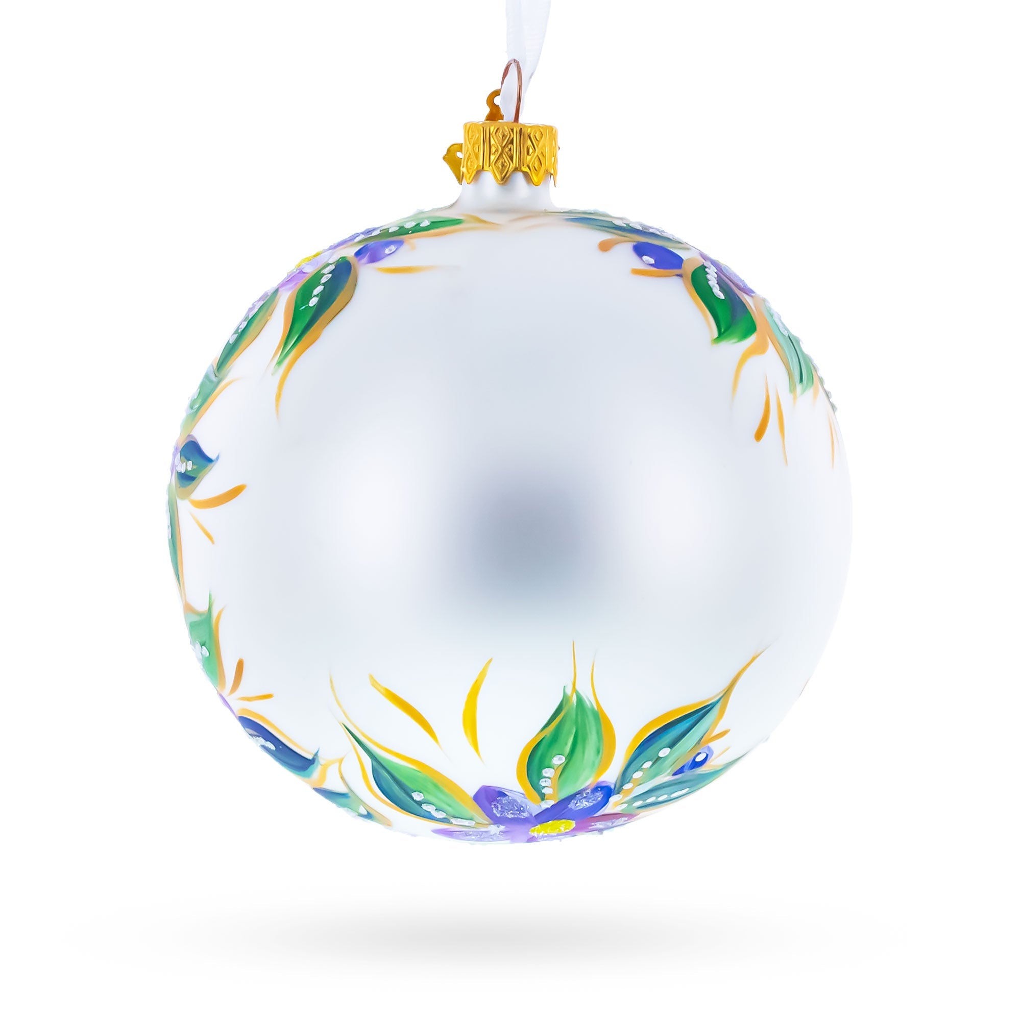 Blue Bird on White Glass Ball Christmas Ornament 4 Inches