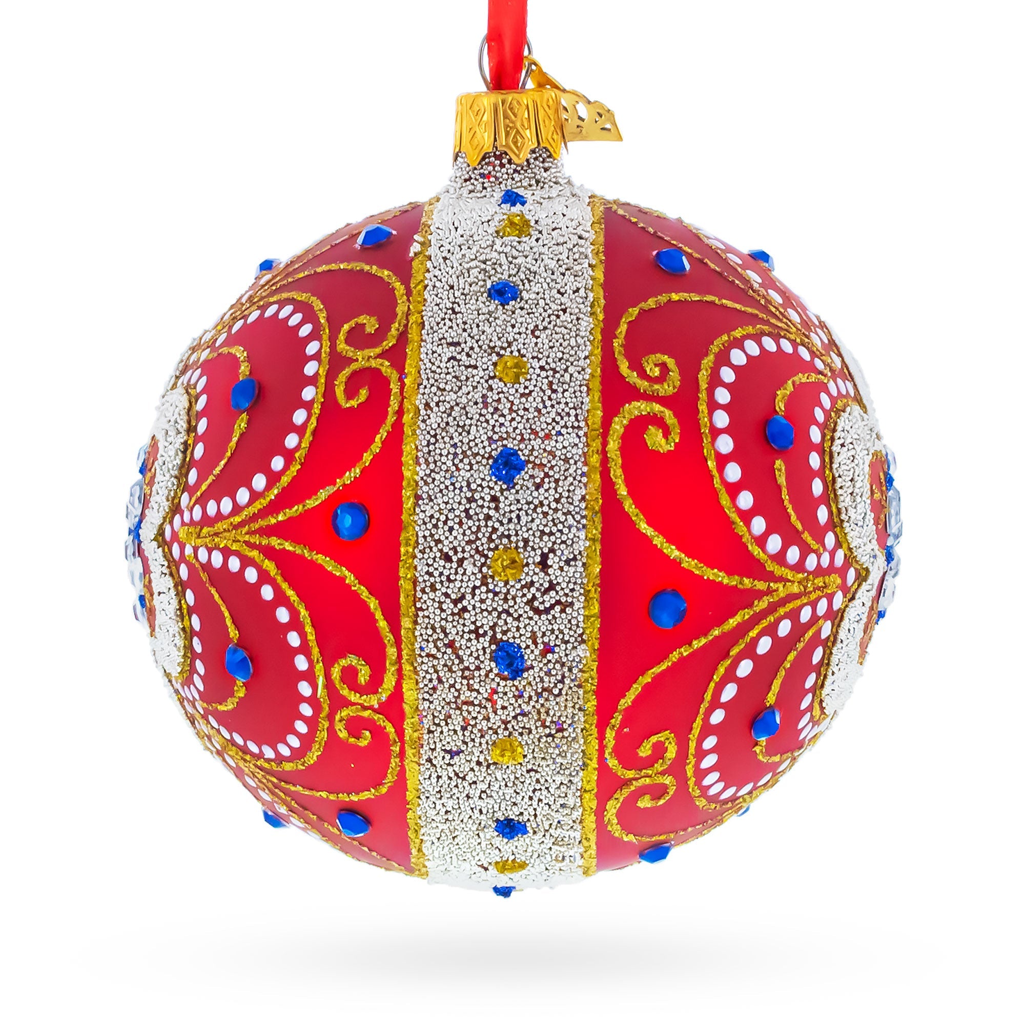 Baroque Filigree with Gemstones on Red Glass Ball Christmas Ornament 4 Inches