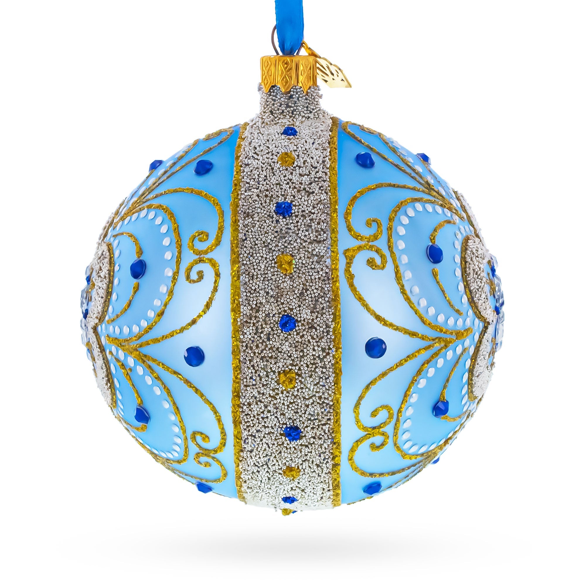 Baroque Filigree with Gemstones on Blue Glass Ball Christmas Ornament 4 Inches