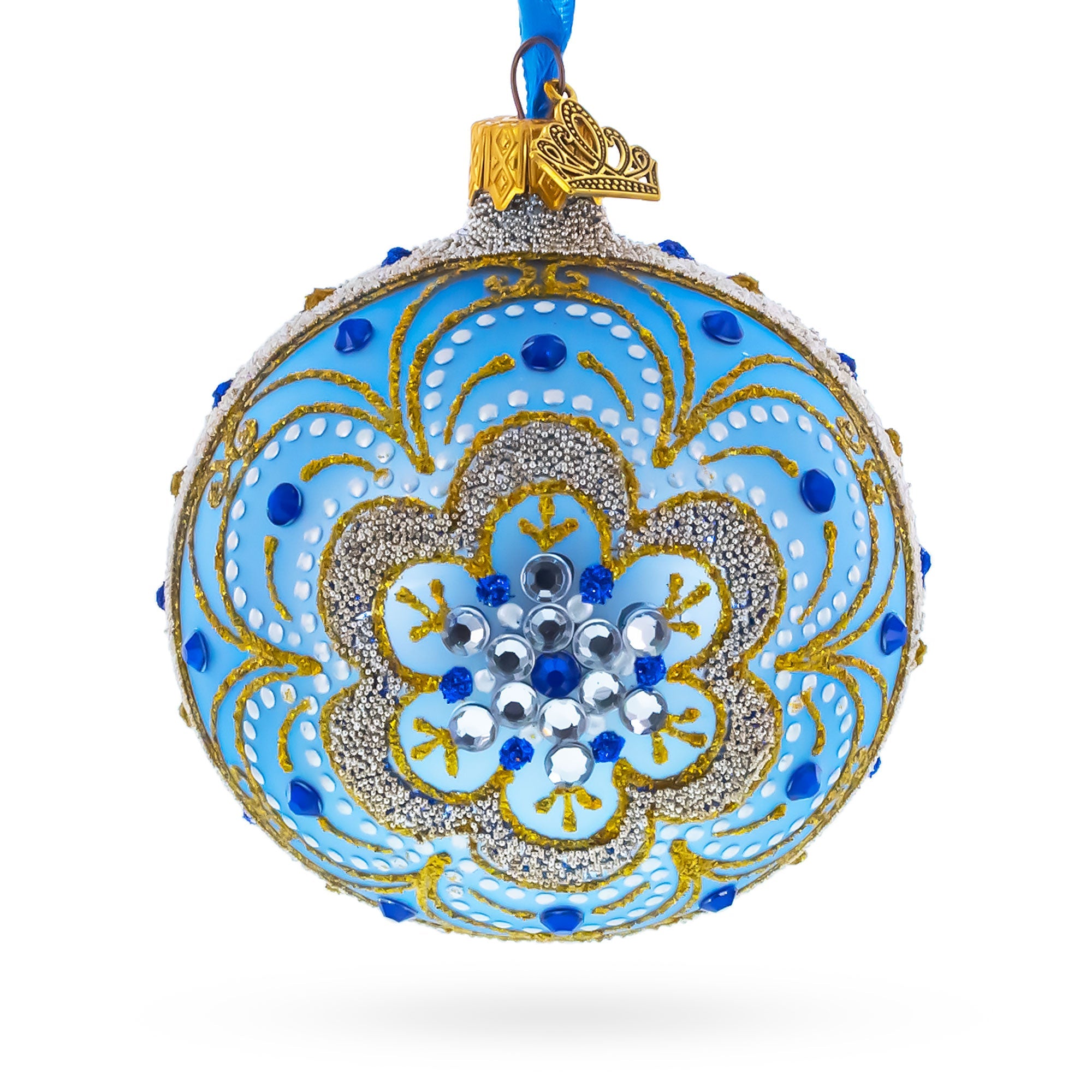 Baroque Filigree with Gemstones on Blue Glass Ball Christmas Ornament 3.25 Inches