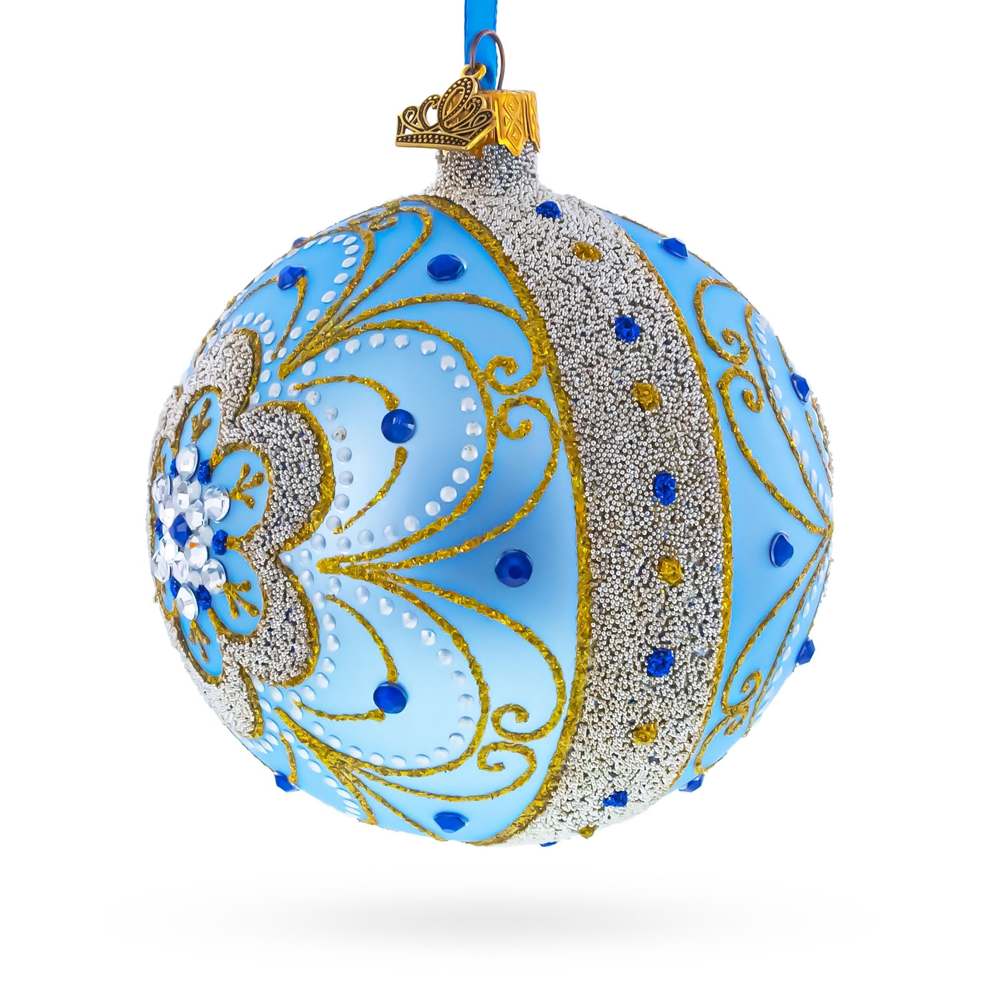 Baroque Filigree with Gemstones on Blue Glass Ball Christmas Ornament 4 Inches
