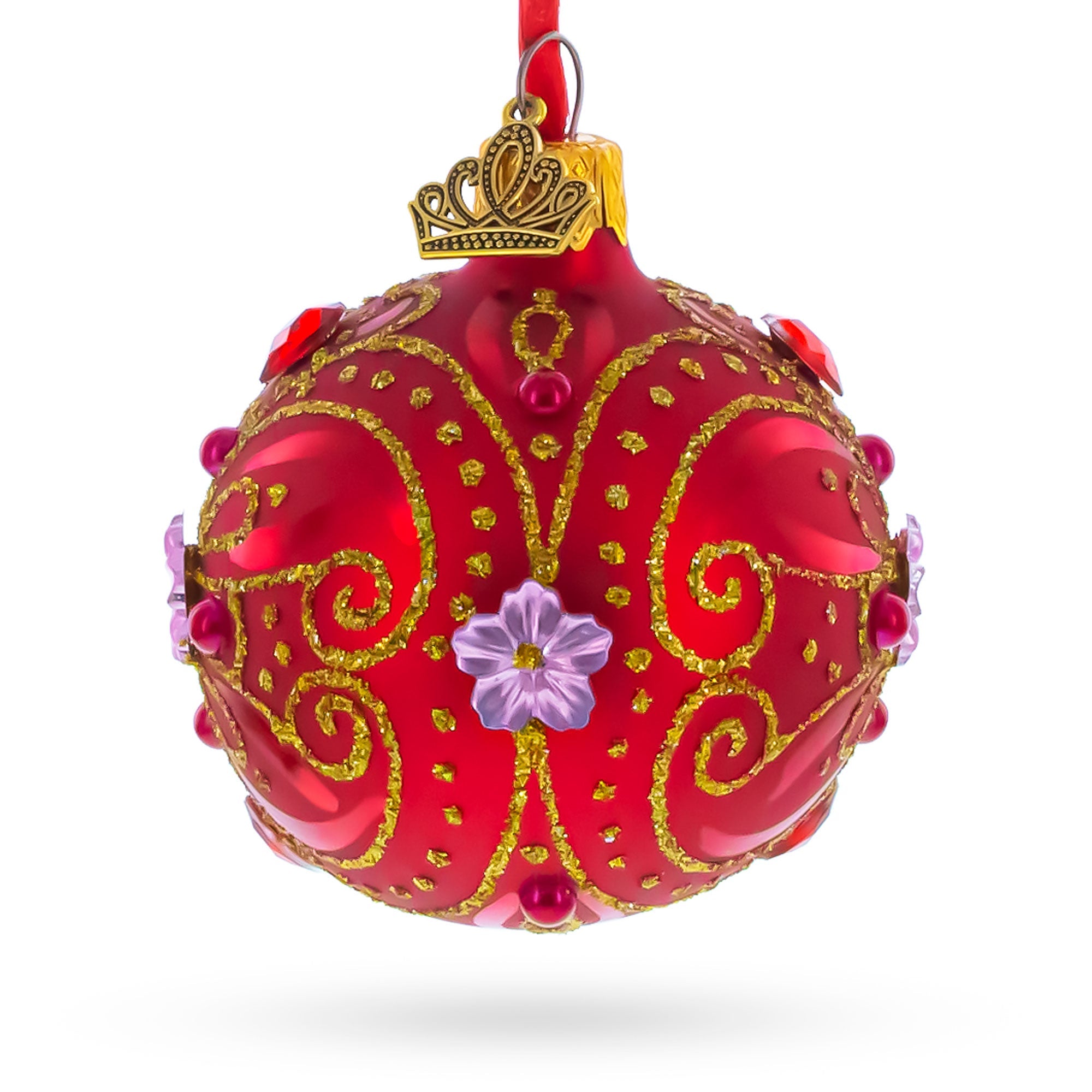 Red and Gold Glitter Scrollwork & Gem Accents Glass Ball Christmas Ornament 2.4 Inches
