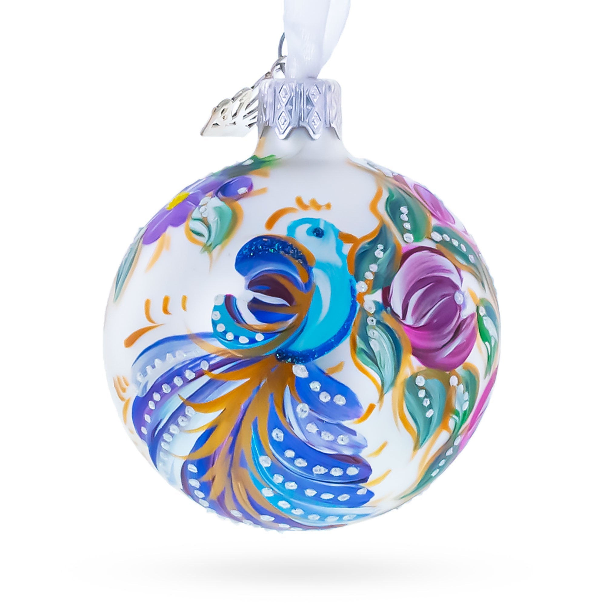 Bird & Floral Design Folk Art Glass ball Ornament 2.4 Inches