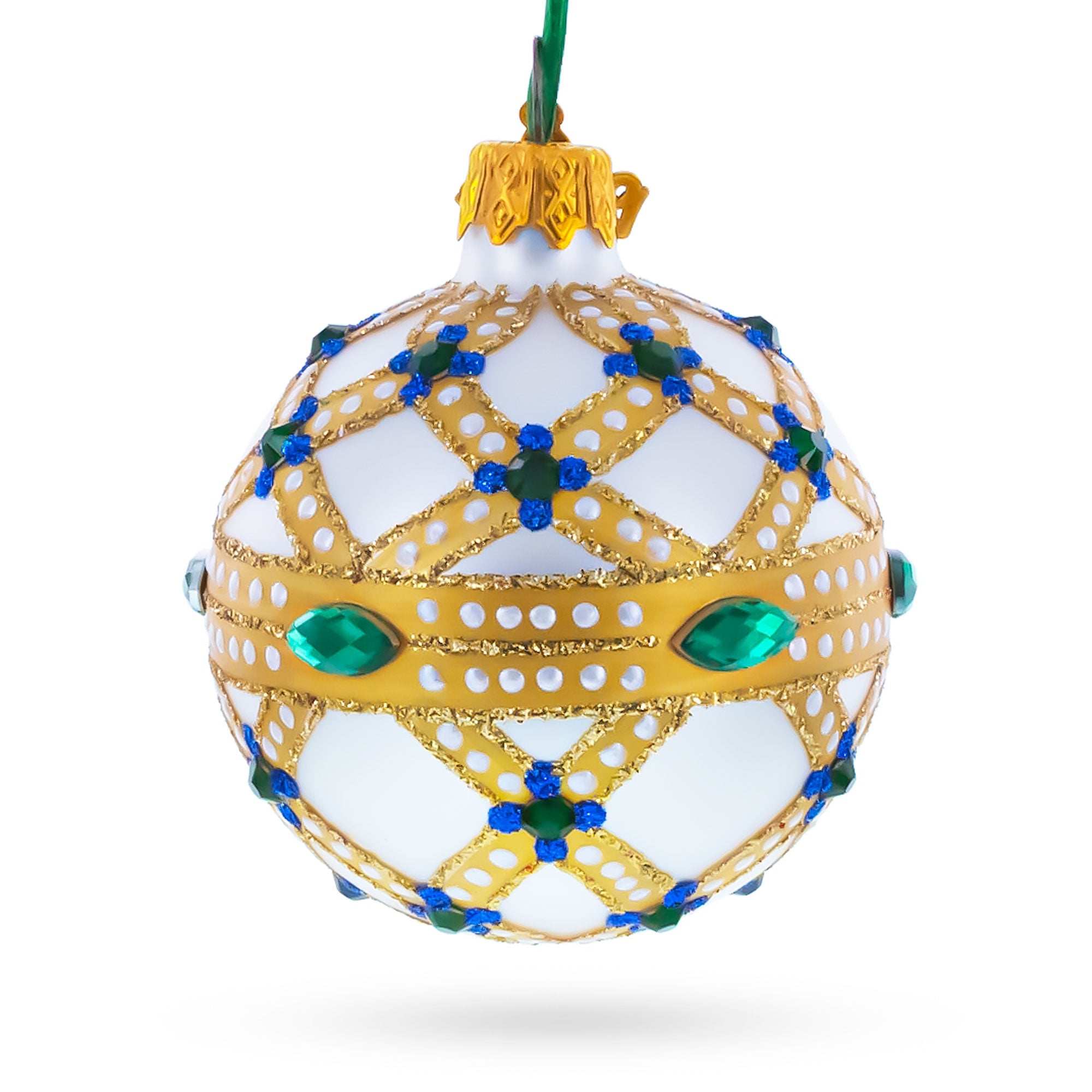 Yellow Trellis, Green Gems & Royal Blue Accents Glass Ball Christmas Ornament 2.4 Inches