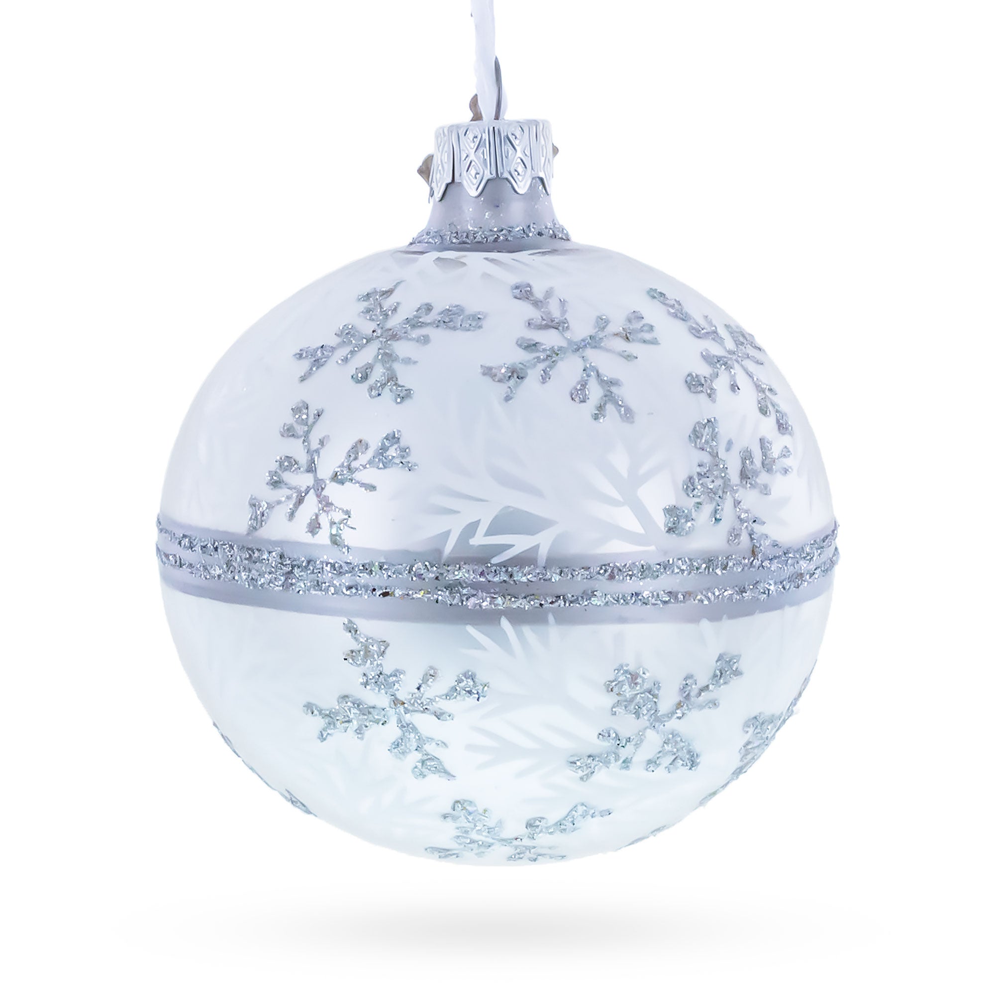 White Winter Glitter Snowflake Design Glass Ball Christmas Ornament 3.25 Inches