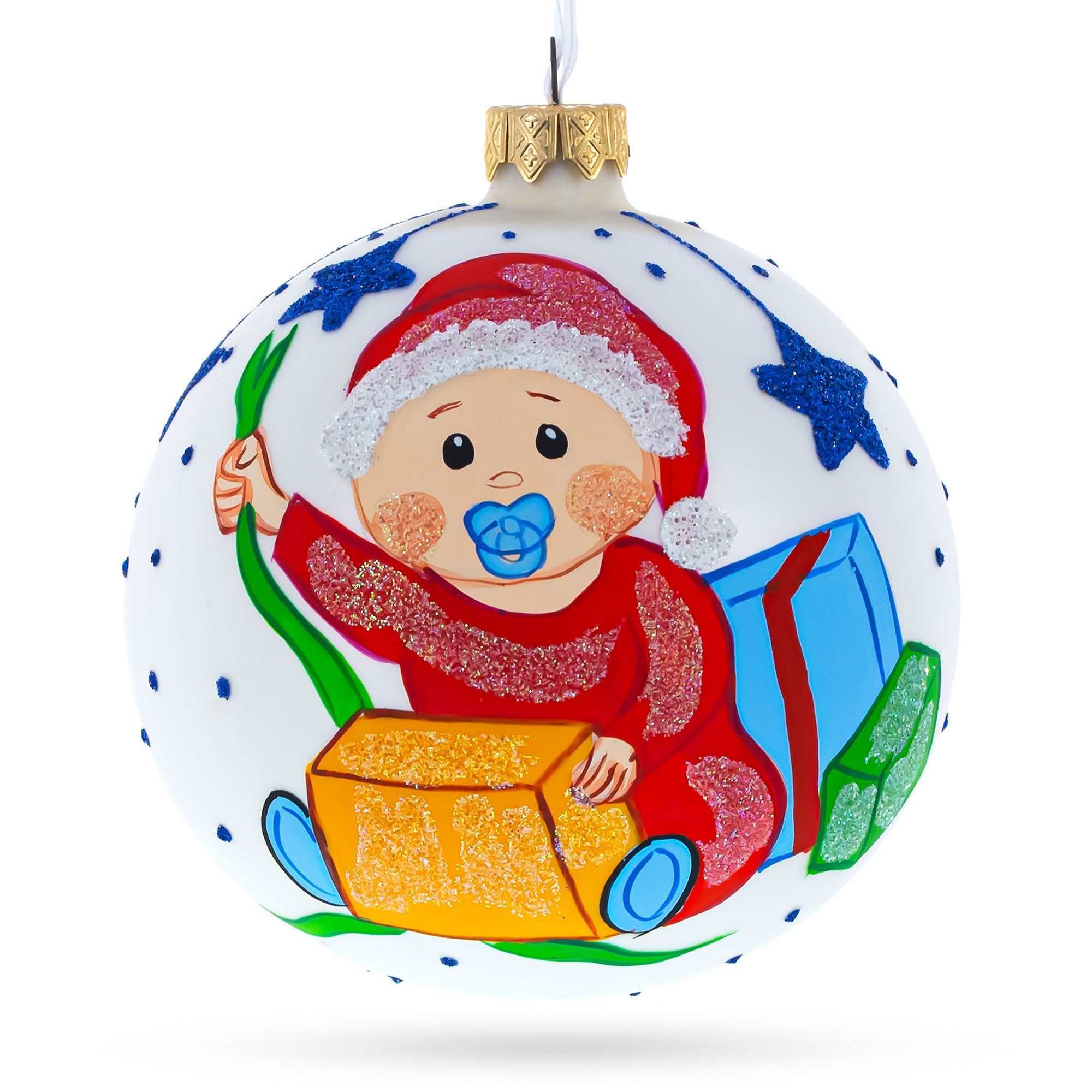 Boy Opening Gift Glass Ball Baby's First Christmas Ornament 4 Inches BestPysanky