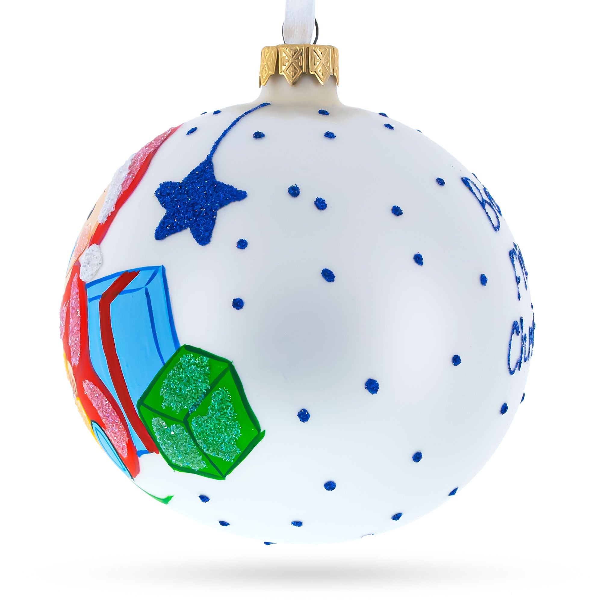 Boy Opening Gift Glass Ball Baby's First Christmas Ornament 4 Inches BestPysanky