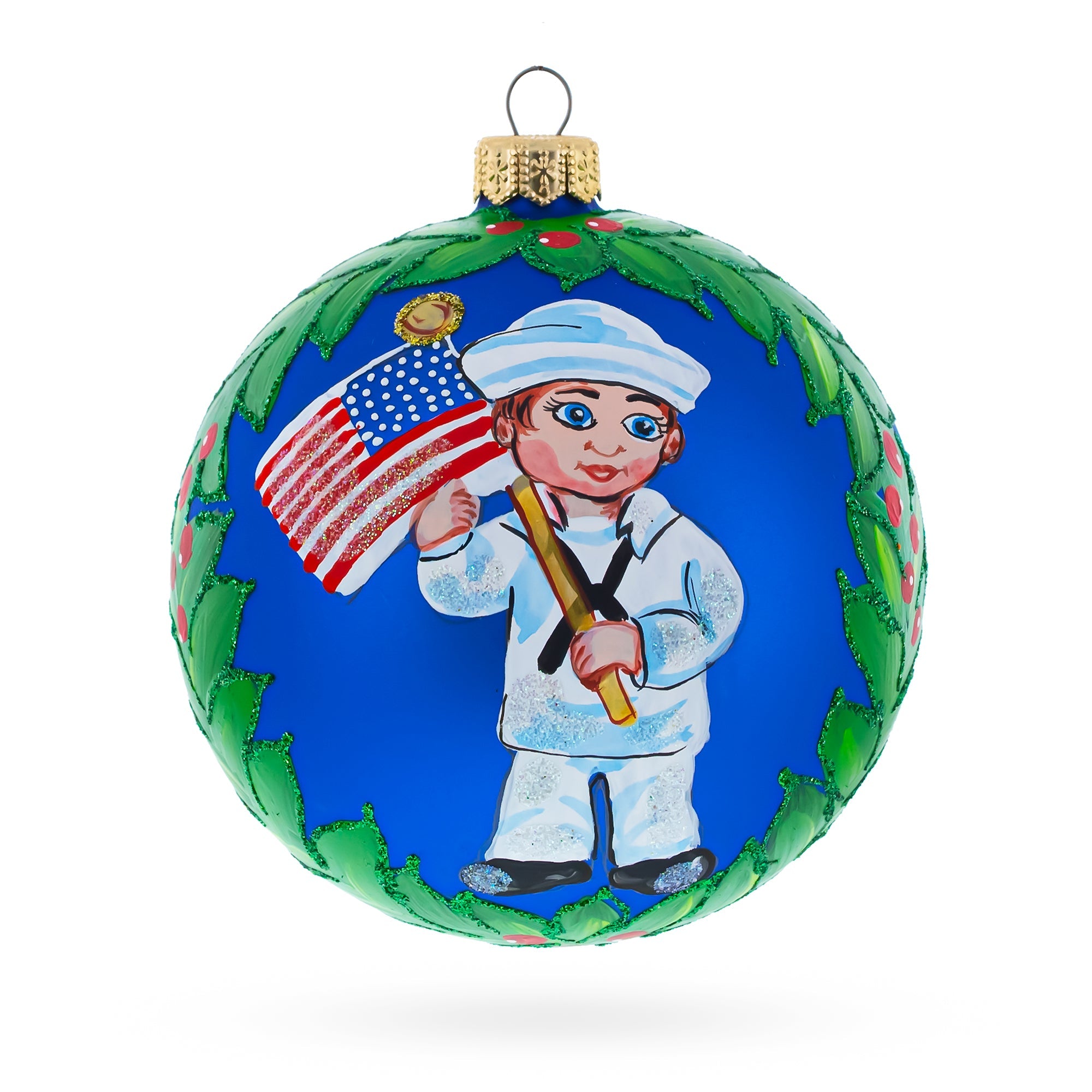 USA Navy Soldier with American Flag Glass Ball Patriotic Christmas Ornament 4 Inches